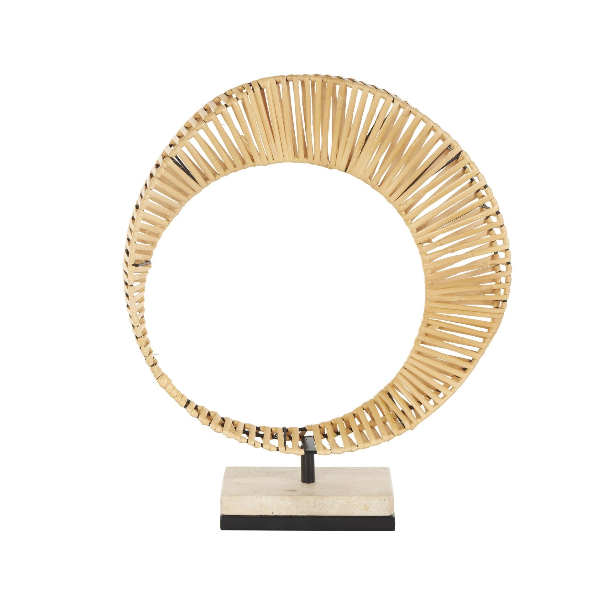 Abstract Brown Rattan Handmade Mobius Strip Inspired Decorative Sculpture with White Marble Base