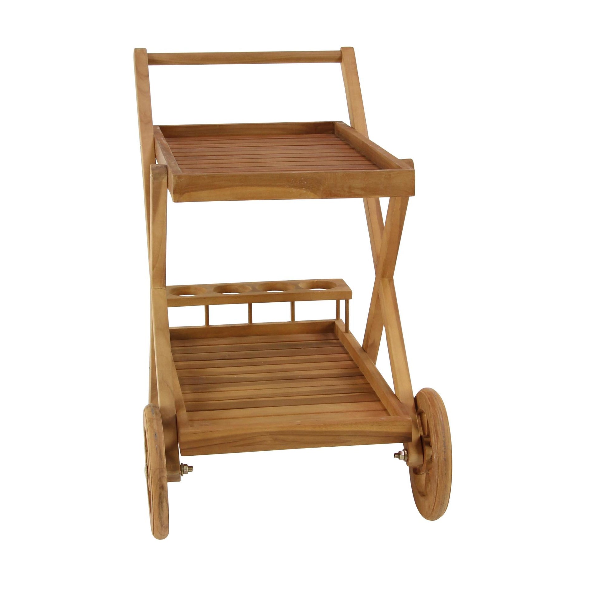 Brown Teak Wood Indoor Outdoor Rolling 2 Shelves Home Bar Cart with Wheels and Handle