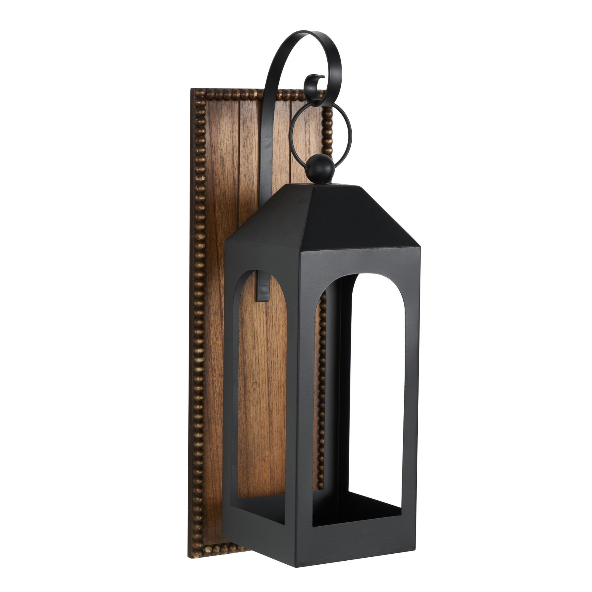 Abstract Black Metal Suspended Arched Cutout Indoor Outdoor Wall Sconce with Brown Wood Backing and Beaded Edge
