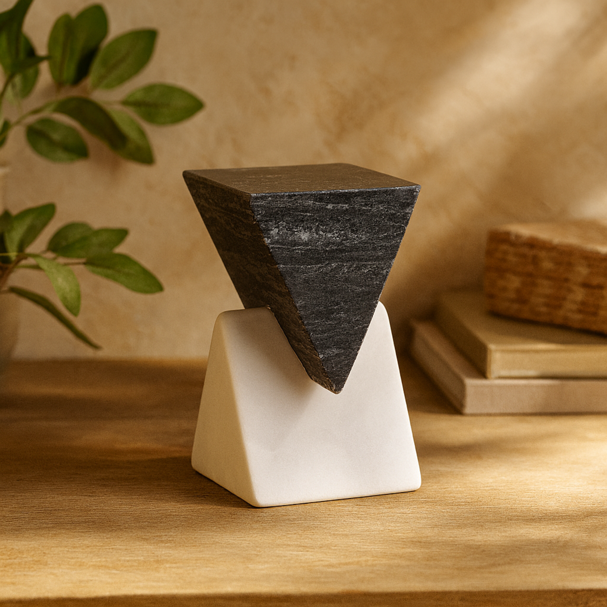 Geometric White Marble Stacked Pyramid Decorative Sculpture with White Base