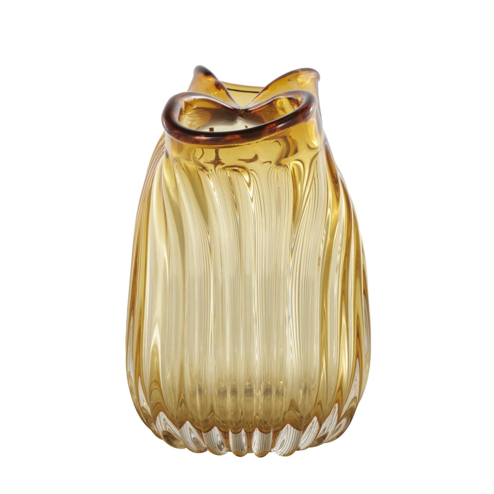 Abstract Orange Glass Ribbed Ombre Decorative Vase with Folded Curve Opening