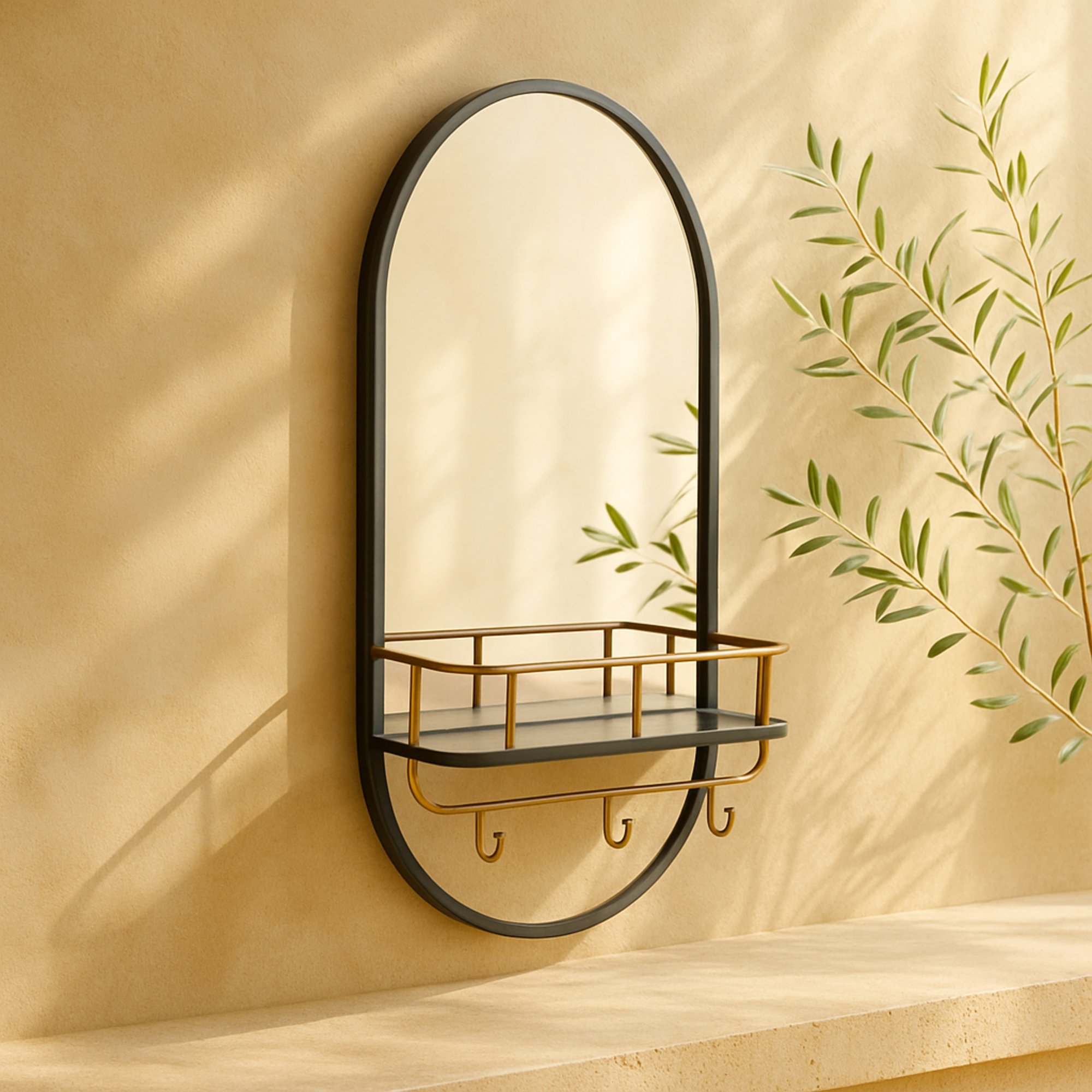 Black Metal Oval 1 Shelf Room Wall Mirror
