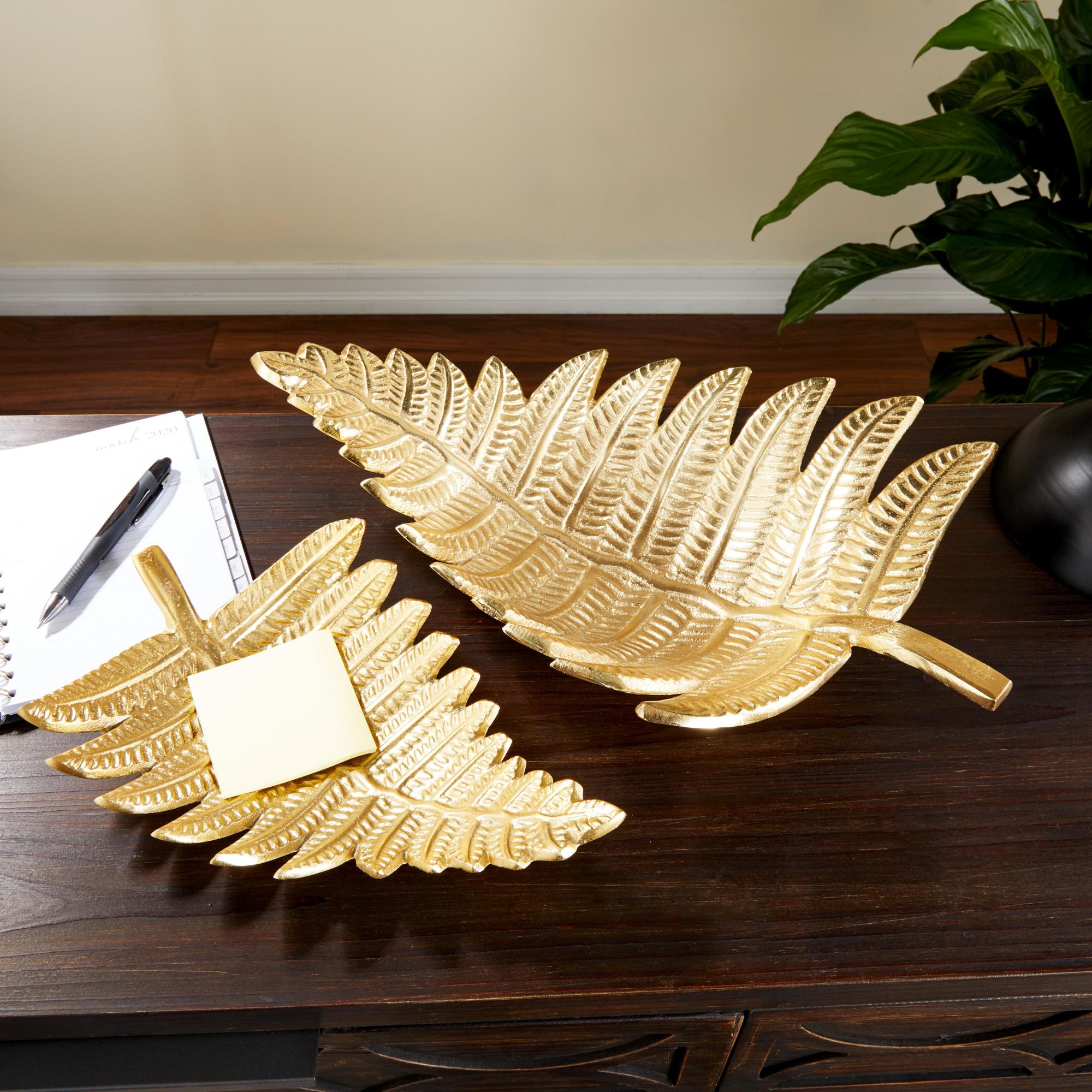 Set of 2 Leaf Gold Aluminum Metal Living Room Decor Tray