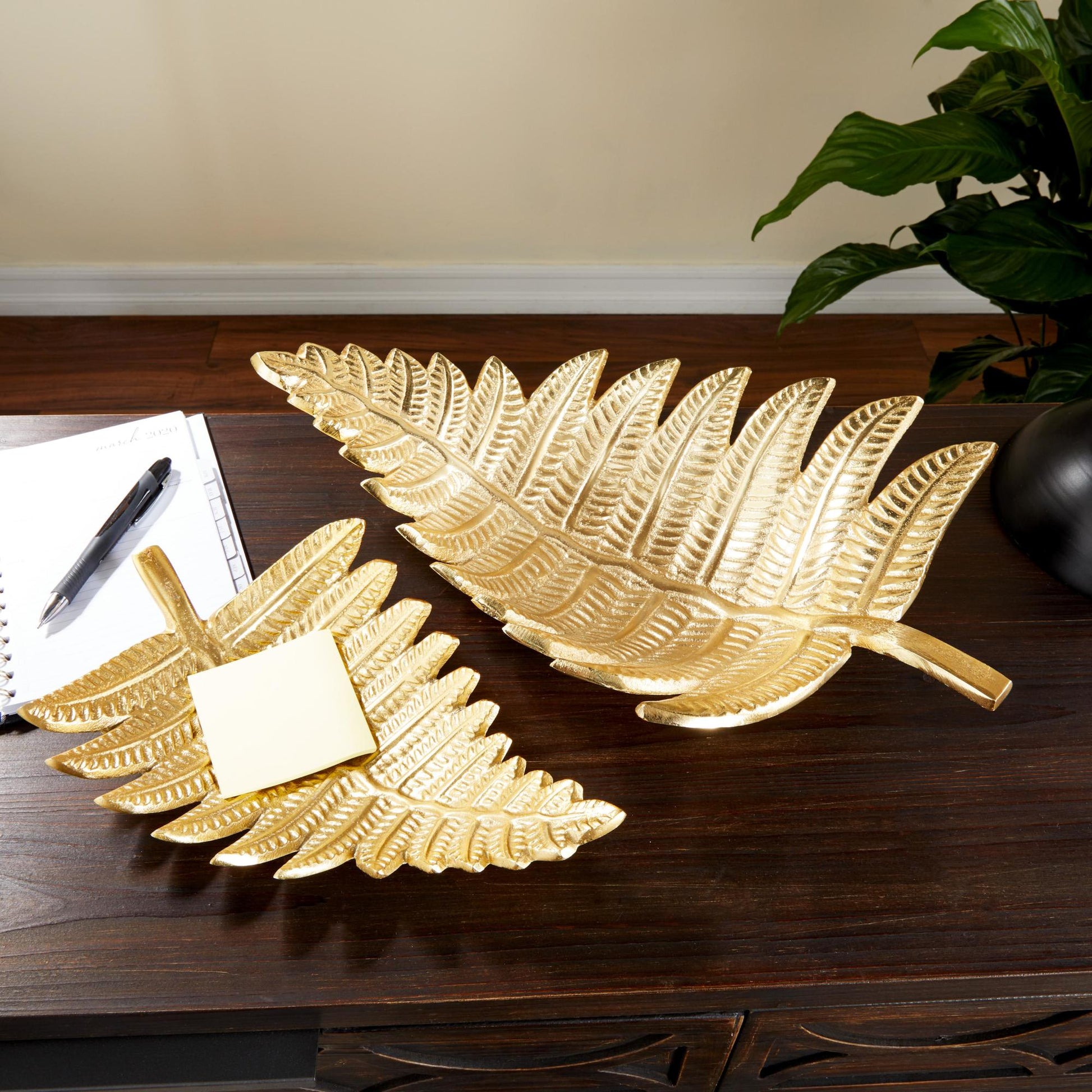 Set of 2 Leaf Gold Aluminum Metal Living Room Decor Tray