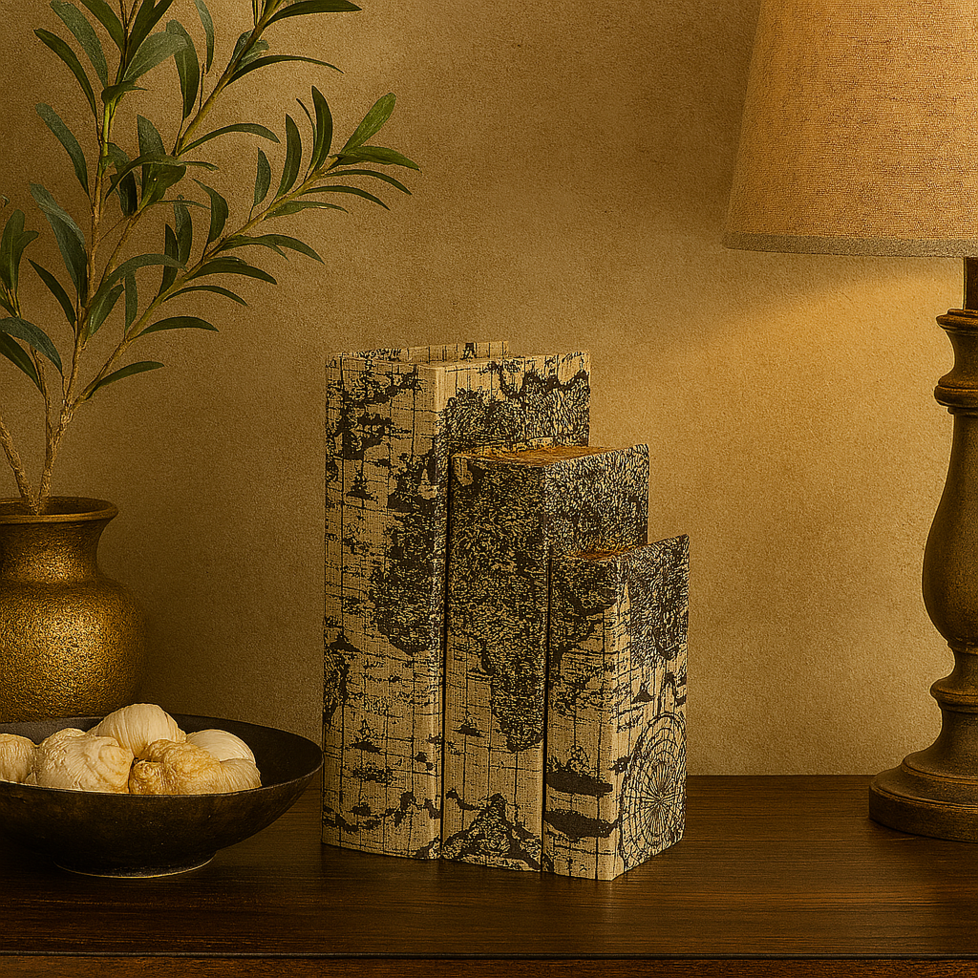 Set of 3 World Map Beige Linen Fabric Faux Book Storage Decorative Box with Black Continents