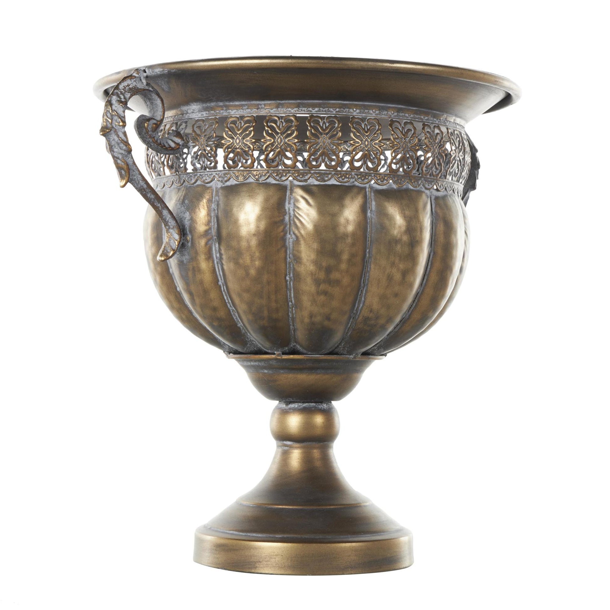 Scroll Bronze Metal Urn Shaped Decorative Vase with Hammered Details and Cut Outs