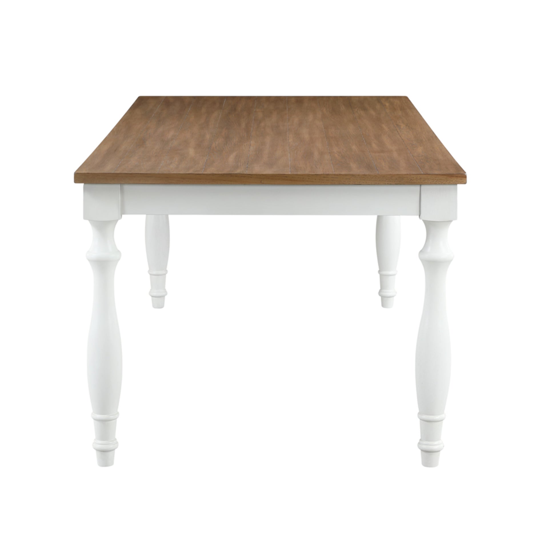Brown Wood Slatted Kitchen Dining Table with White Turned Table Legs