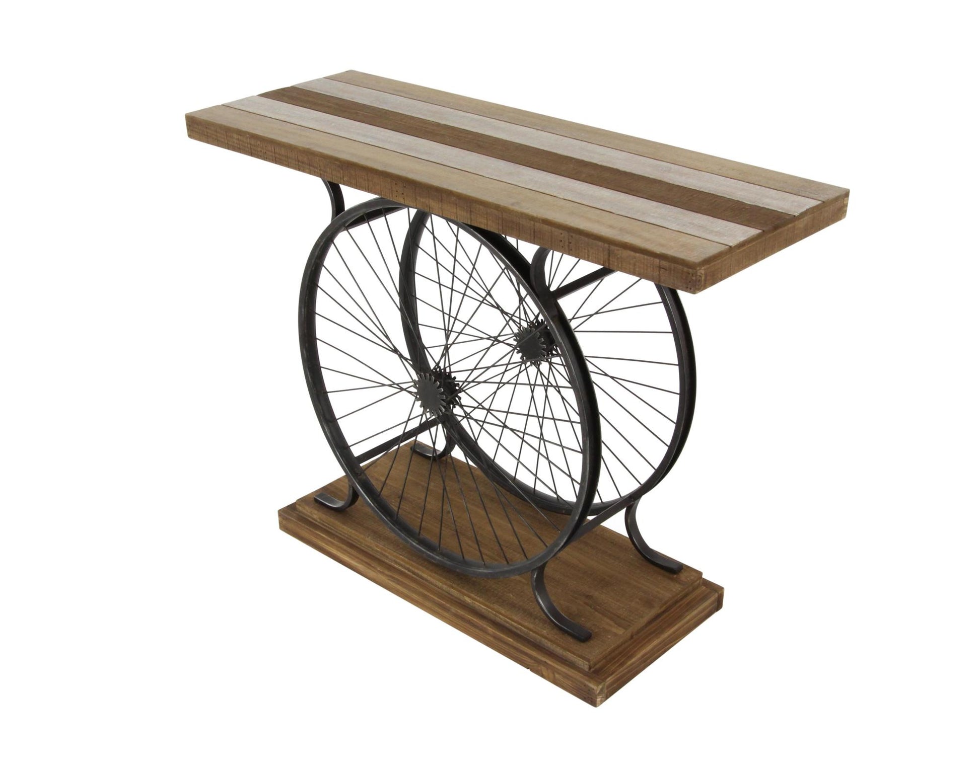 Bike Wood Wide Slatted Top Living Room Console Table with Dual Wheel Frame and Tiered Base