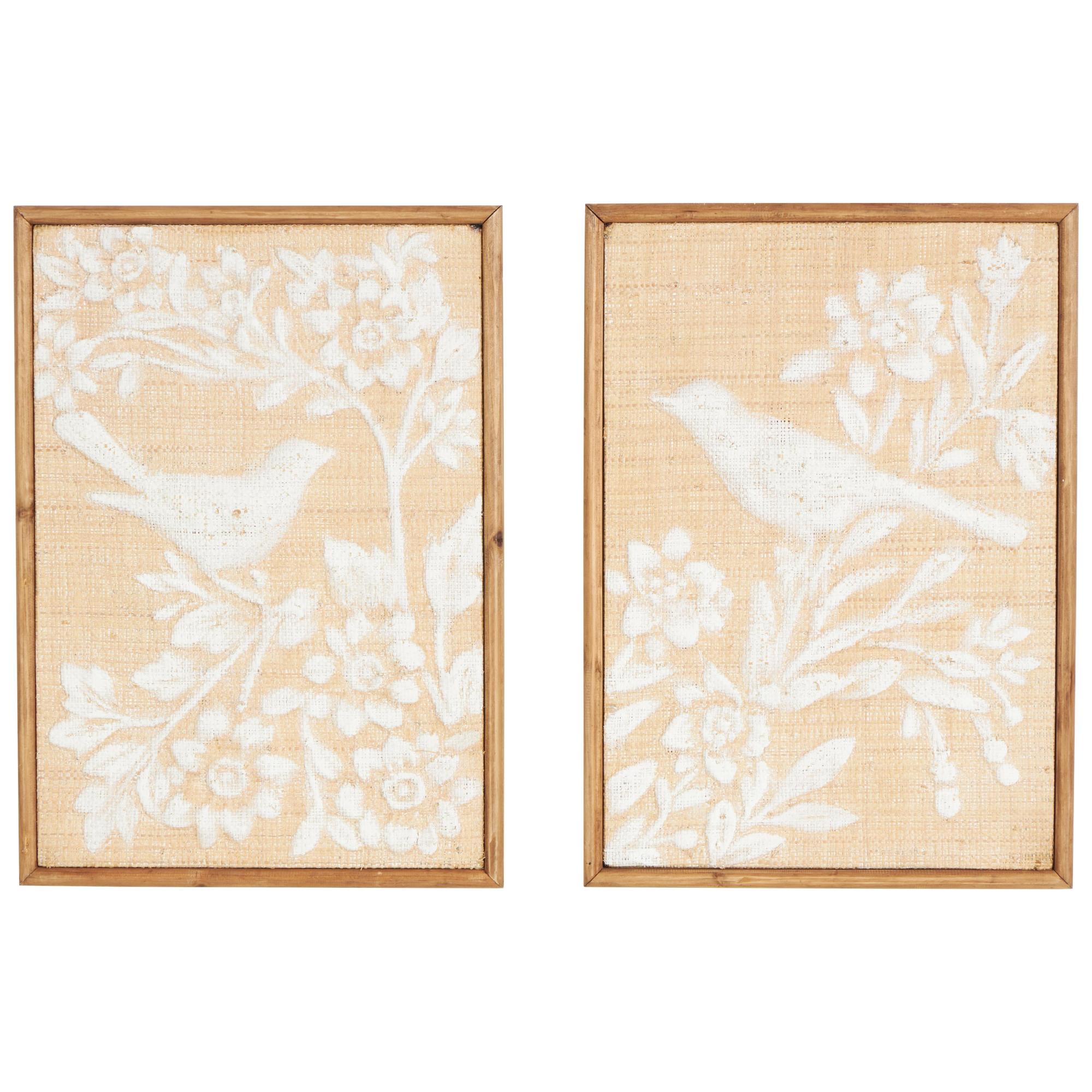 Set of 2 Bird Brown Wood Living Room Framed Wall Art with White Painted Floral Patterns