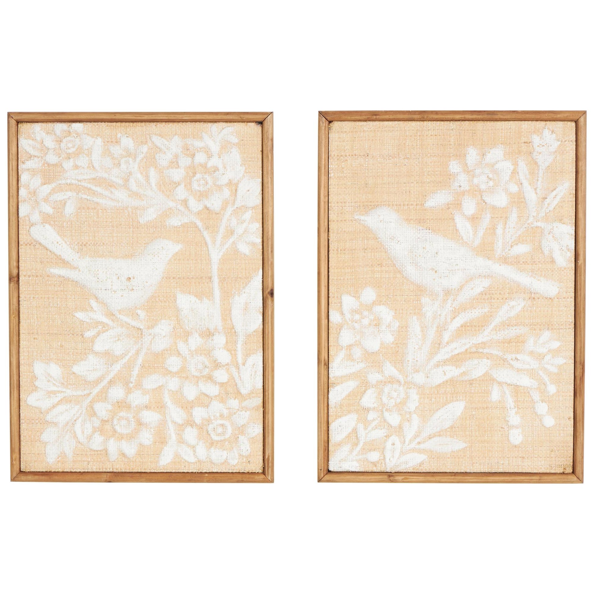 Set of 2 Bird Brown Wood Living Room Framed Wall Art with White Painted Floral Patterns