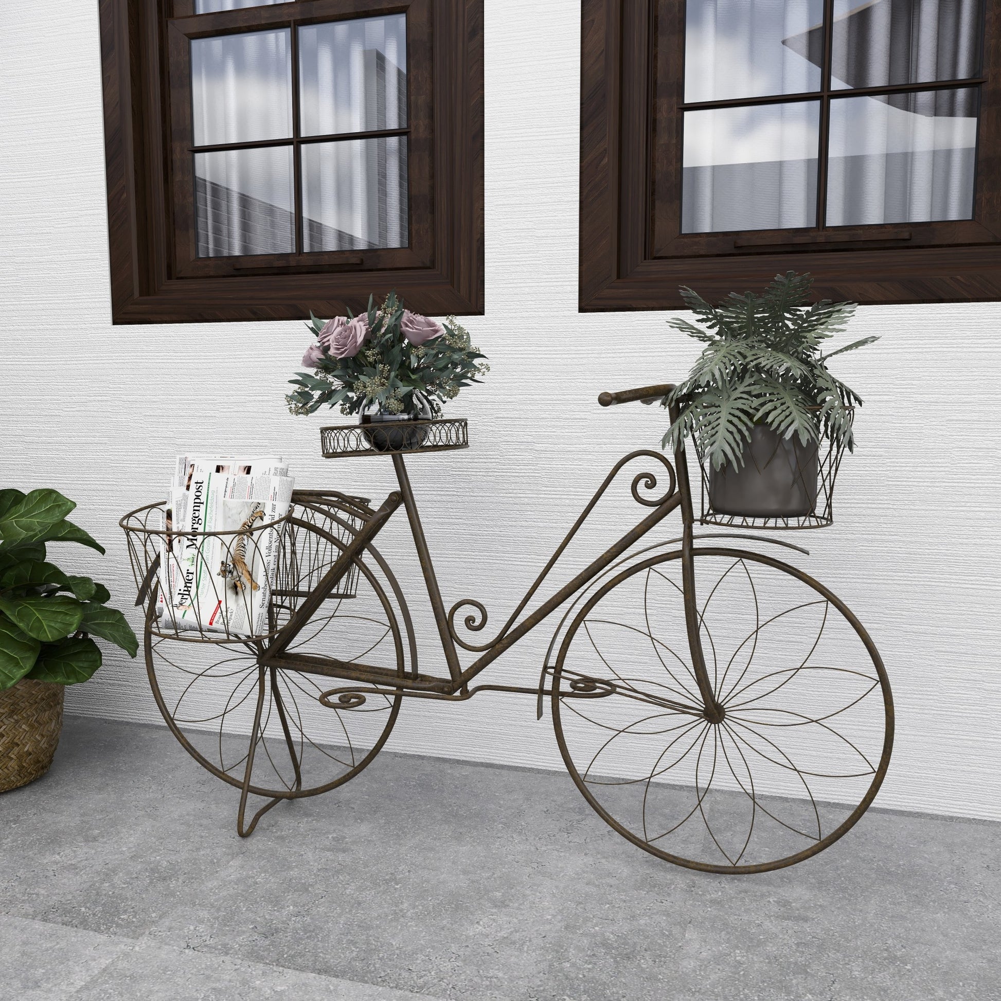 Bike Brown Metal Wire Floral Scrolled Indoor Outdoor Plantstand with Basket and Saddle Bag Planters
