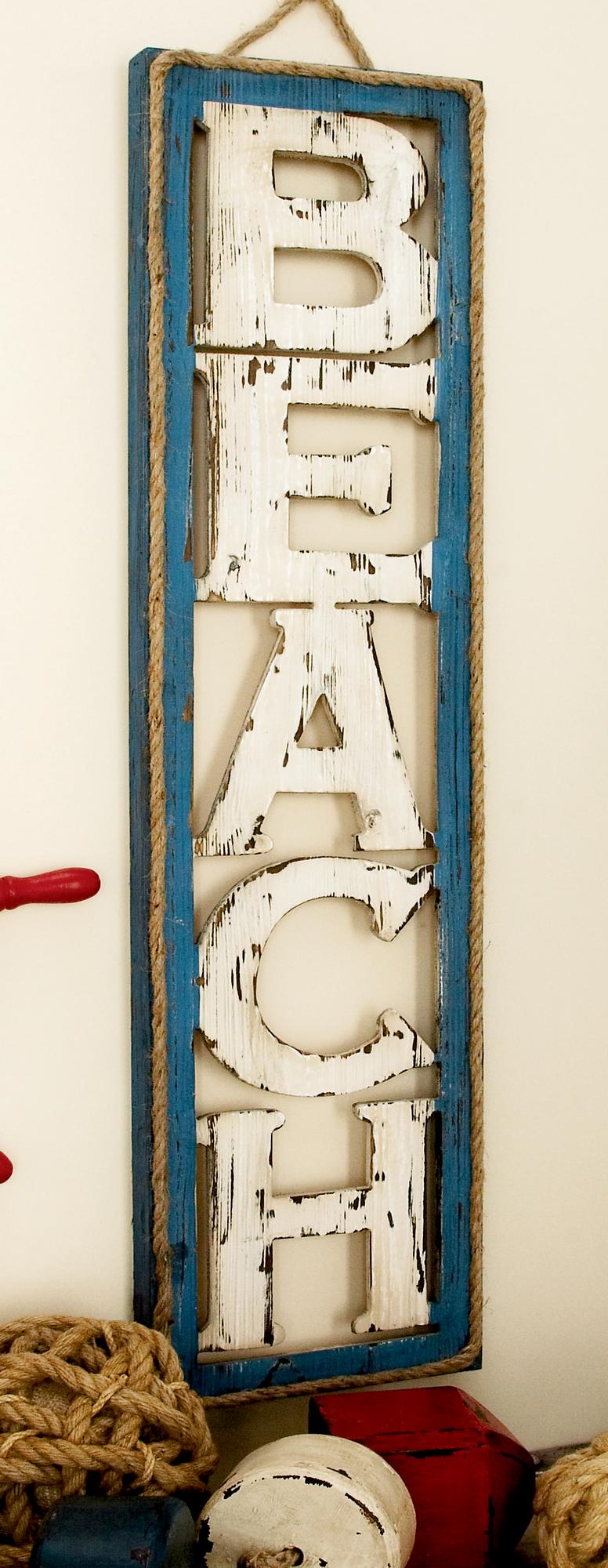 Sign Beige Wooden Beach Home Wall Decor with Rope Hanger