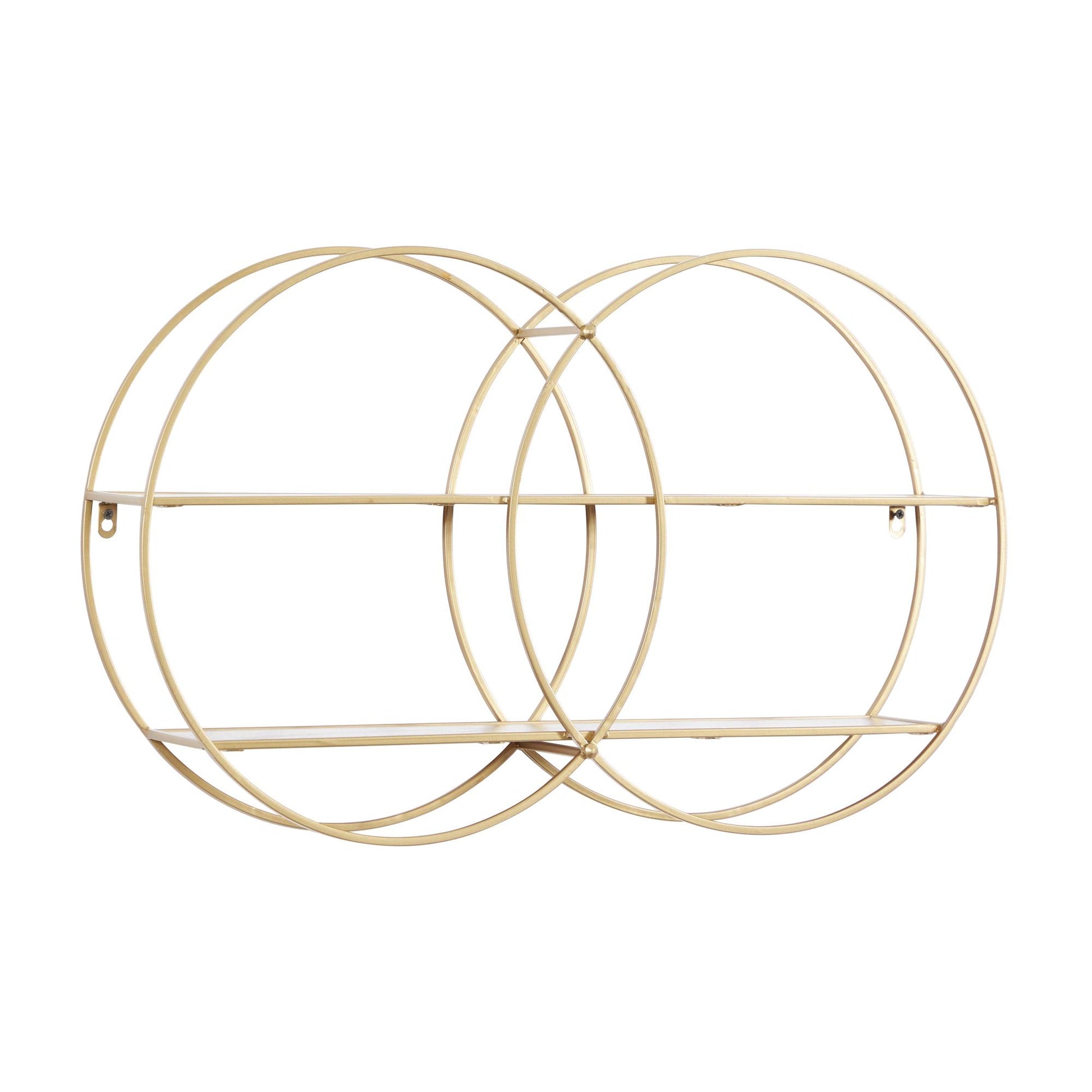 CosmoLiving by Cosmopolitan Geometric Gold Metal Round Overlapping Ring 2 Tier Room Wall Shelf with Wooden Shelves