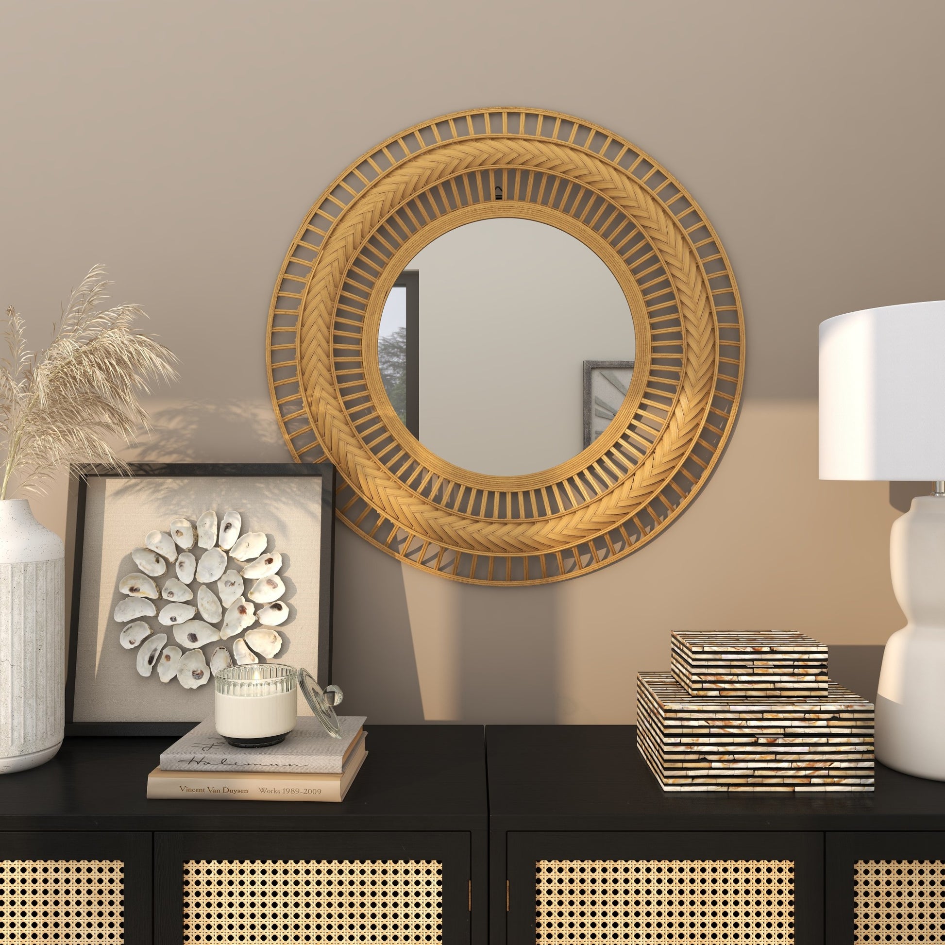 Tribal Brown Rattan Handmade Intricately Weaved Room Wall Mirror