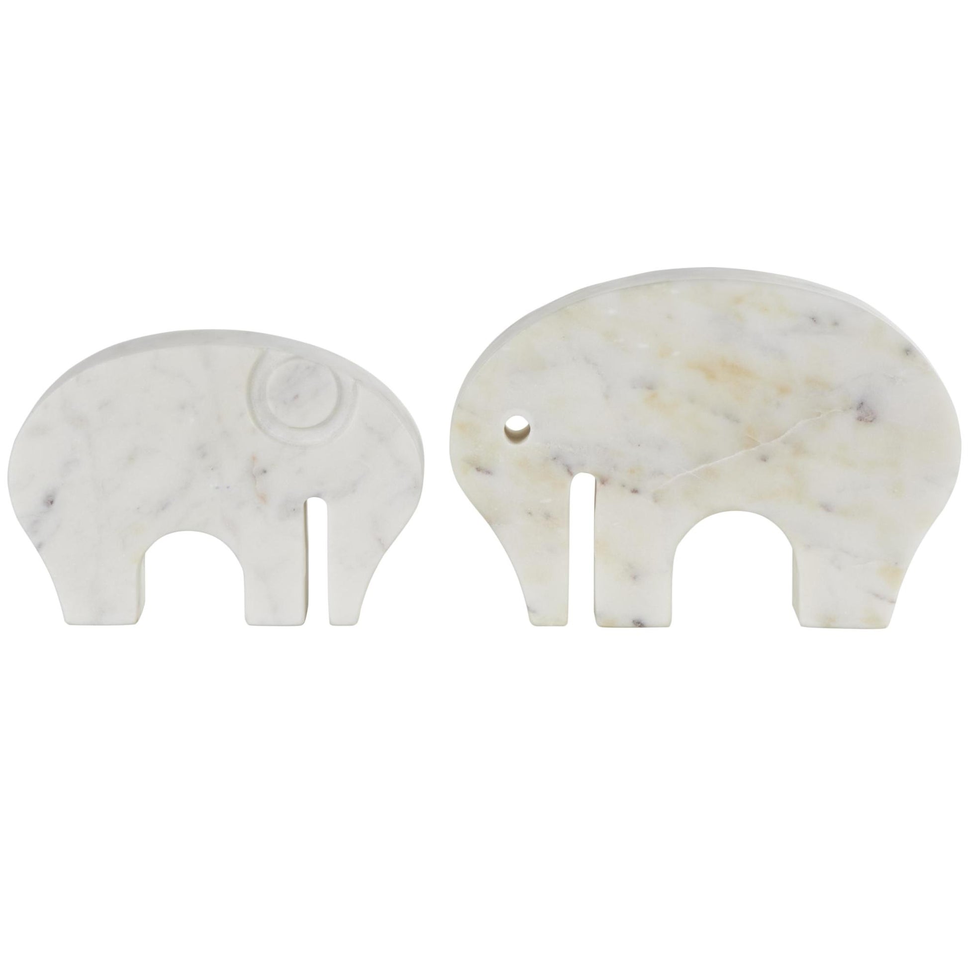 Set of 2 Elephant White Marble Rounded Abstract Decorative Sculpture with Gray Marble Veins and Cutouts