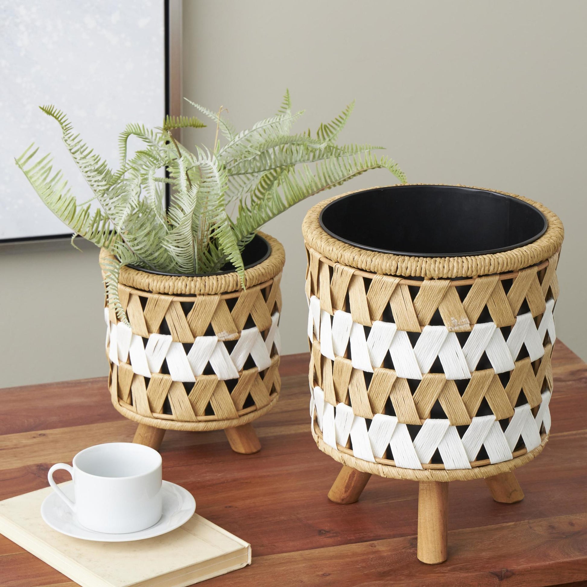Set of 2 Geometric Brown Jute Rope Handmade Woven Chevron Indoor Planter with Wooden Legs