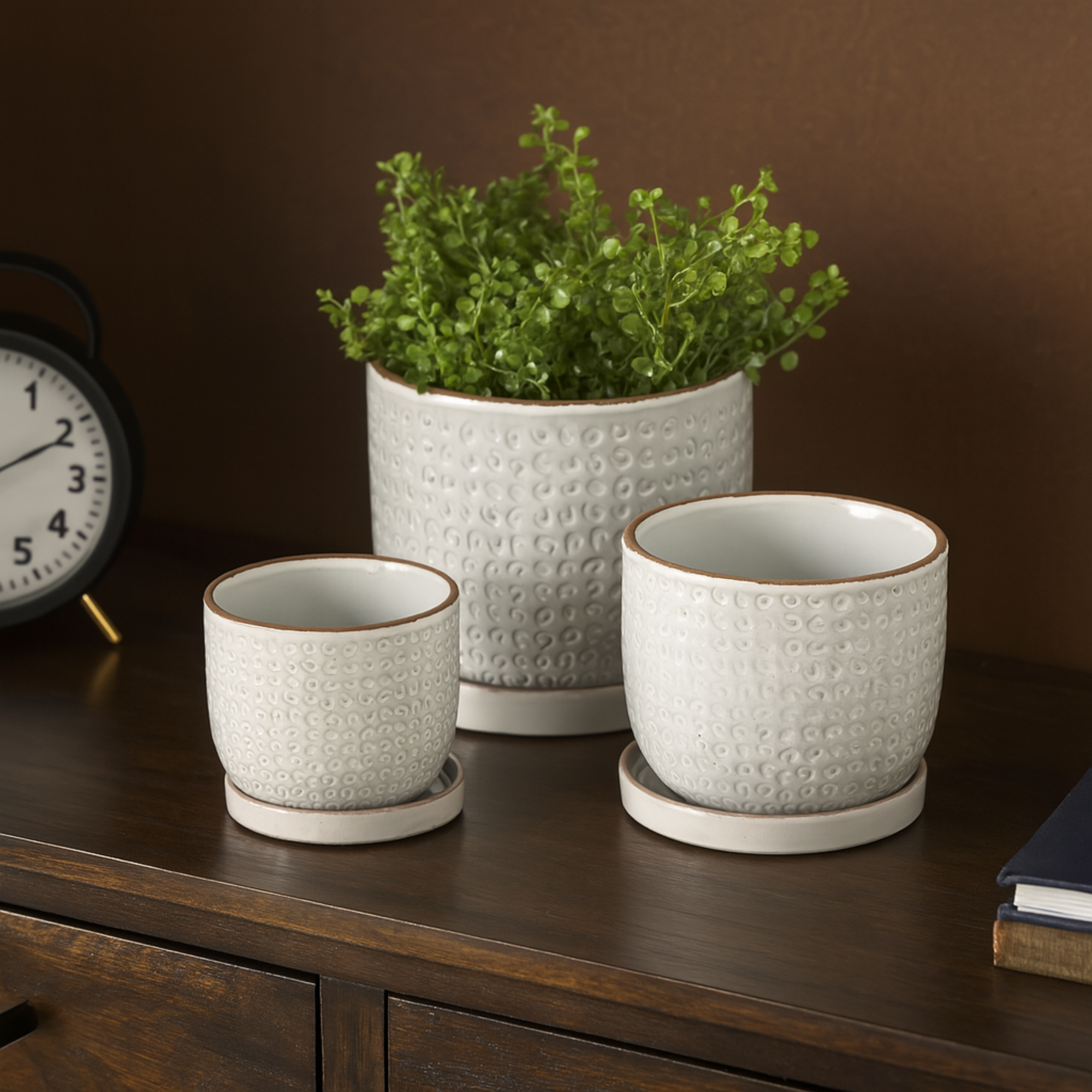 Set of 3 White Ceramic Abstract Circle Patterned Indoor Outdoor Planter with Brown Accents and Base Tray