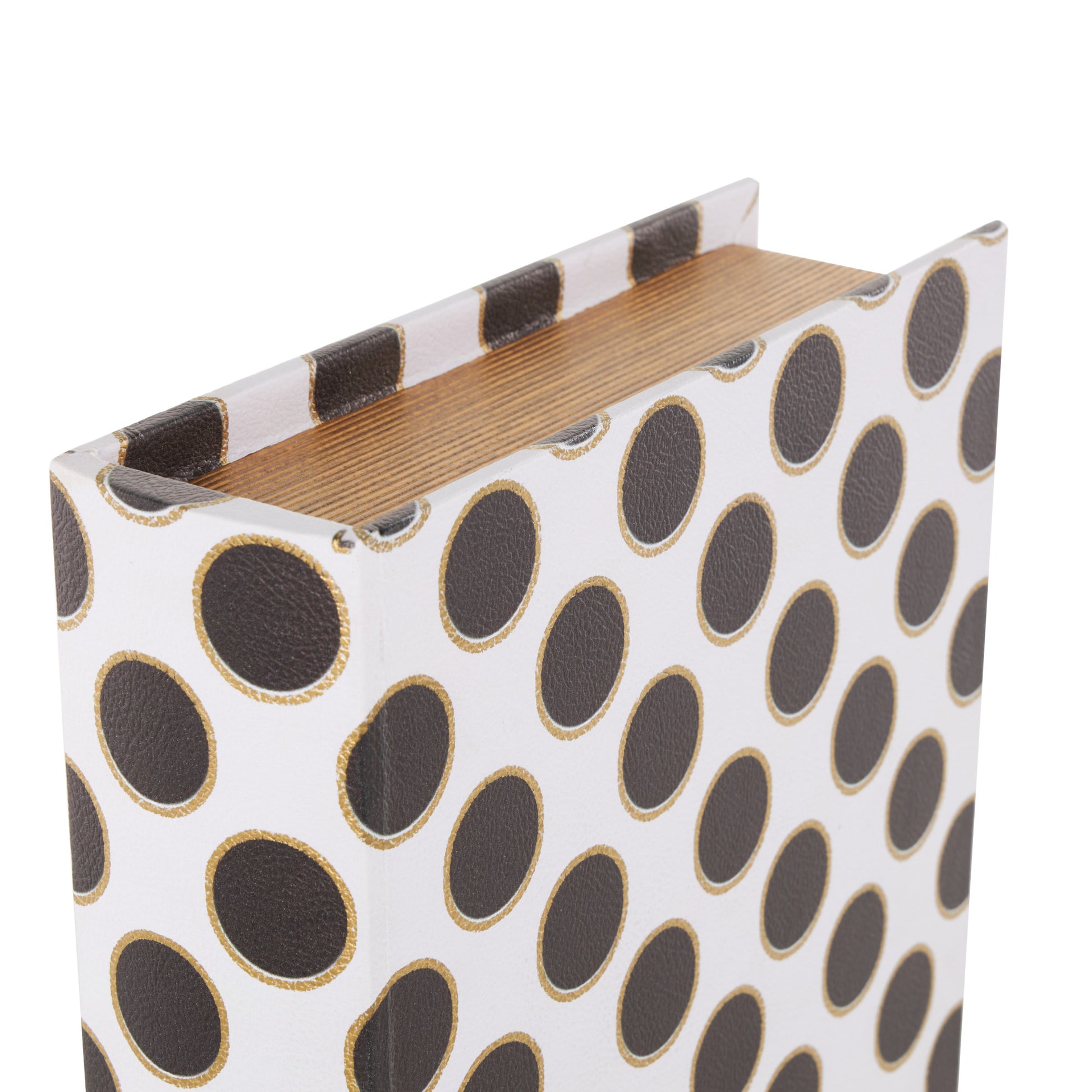 Set of 3 White Faux Leather Polka Dot Faux Book Storage Decorative Box with Black and Metallic Gold Accents