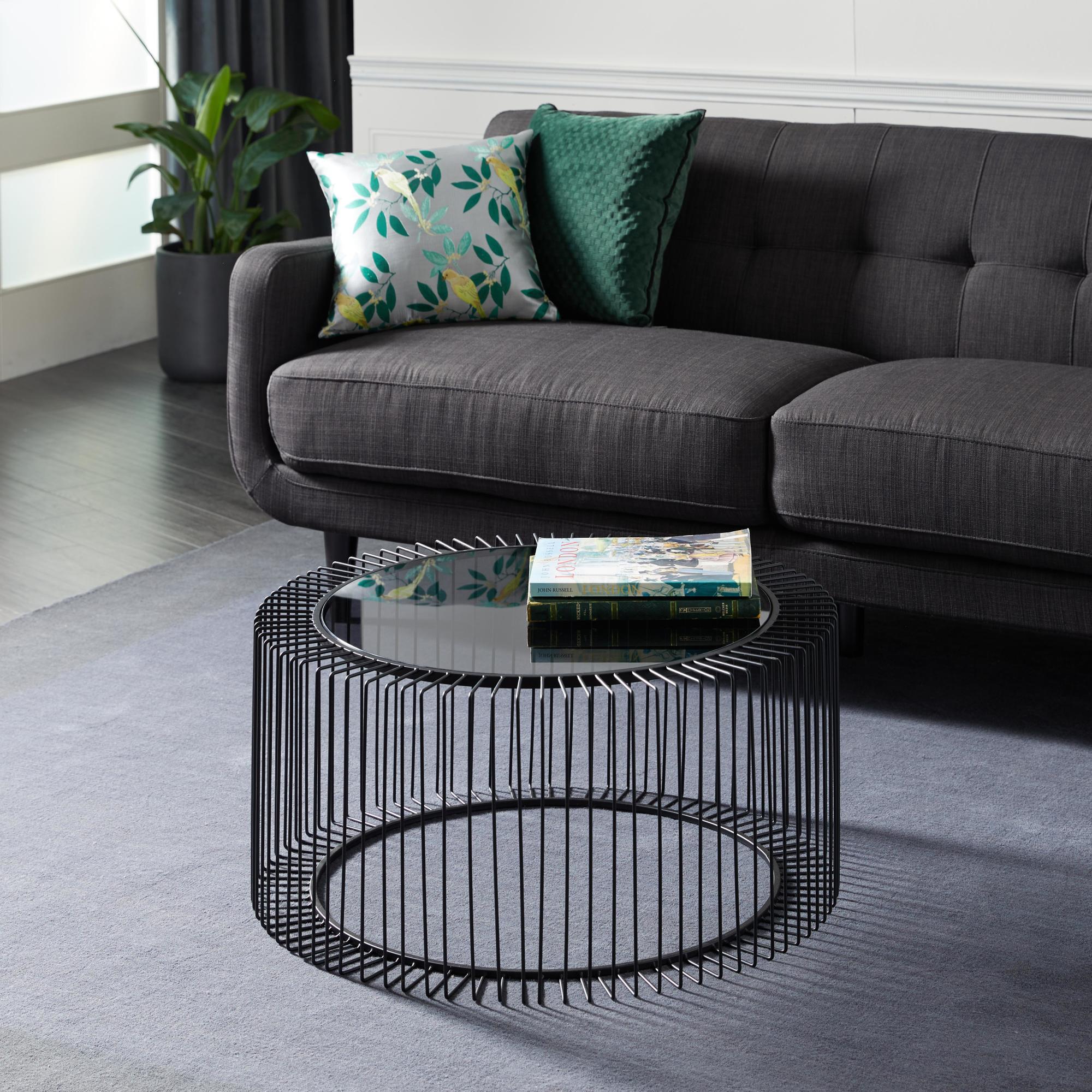 Black Metal Open Wire Frame Living Room Coffee Table with Shaded Glass Top