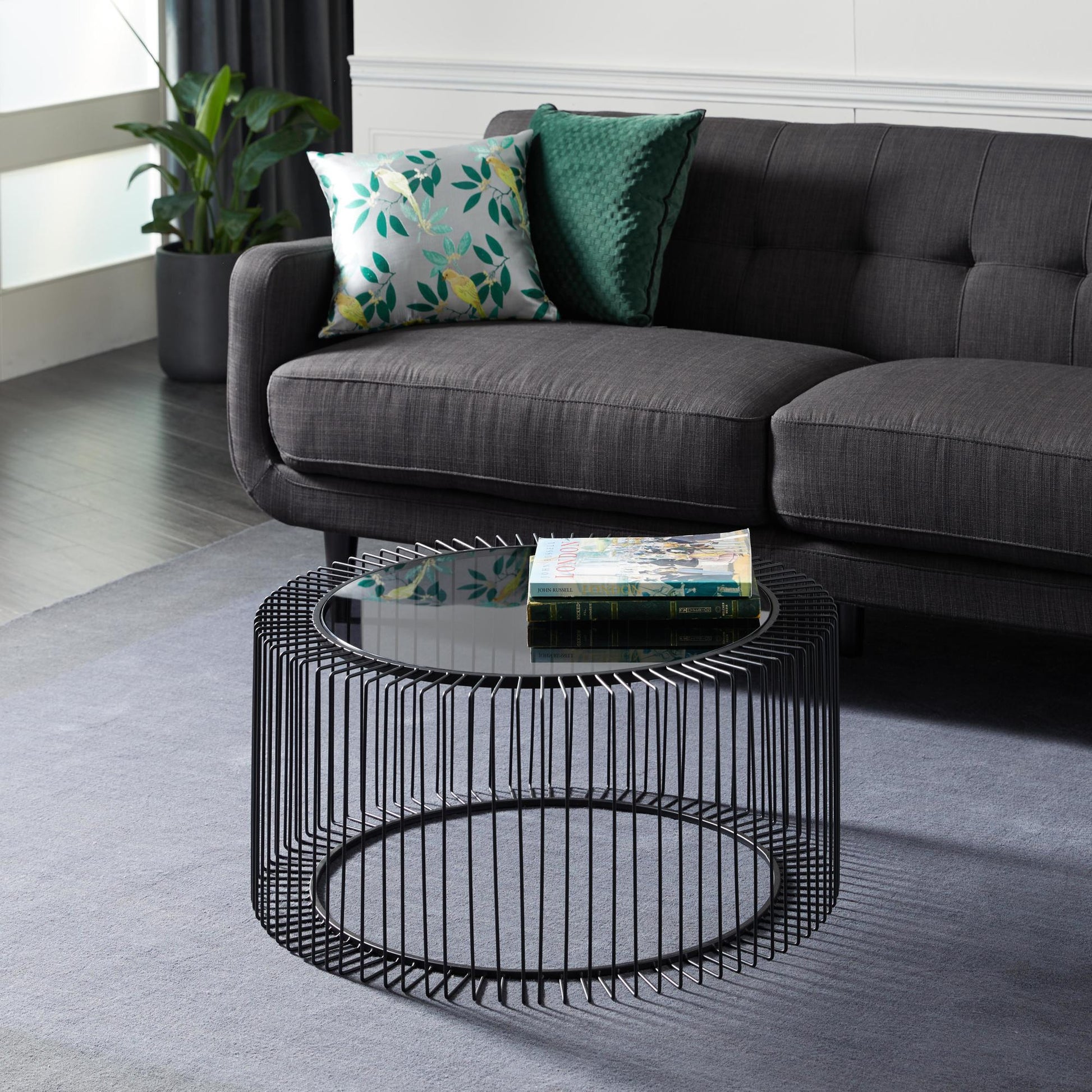 Black Metal Open Wire Frame Living Room Coffee Table with Shaded Glass Top