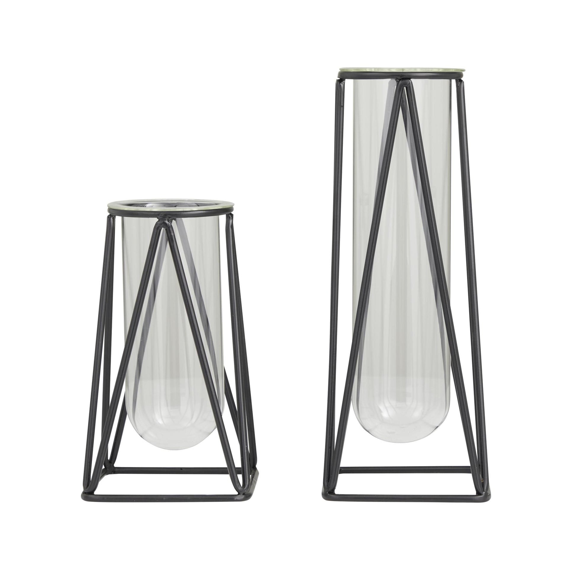 Set of 2 Geometric Glass Tube Decorative Vase with Metal Stand