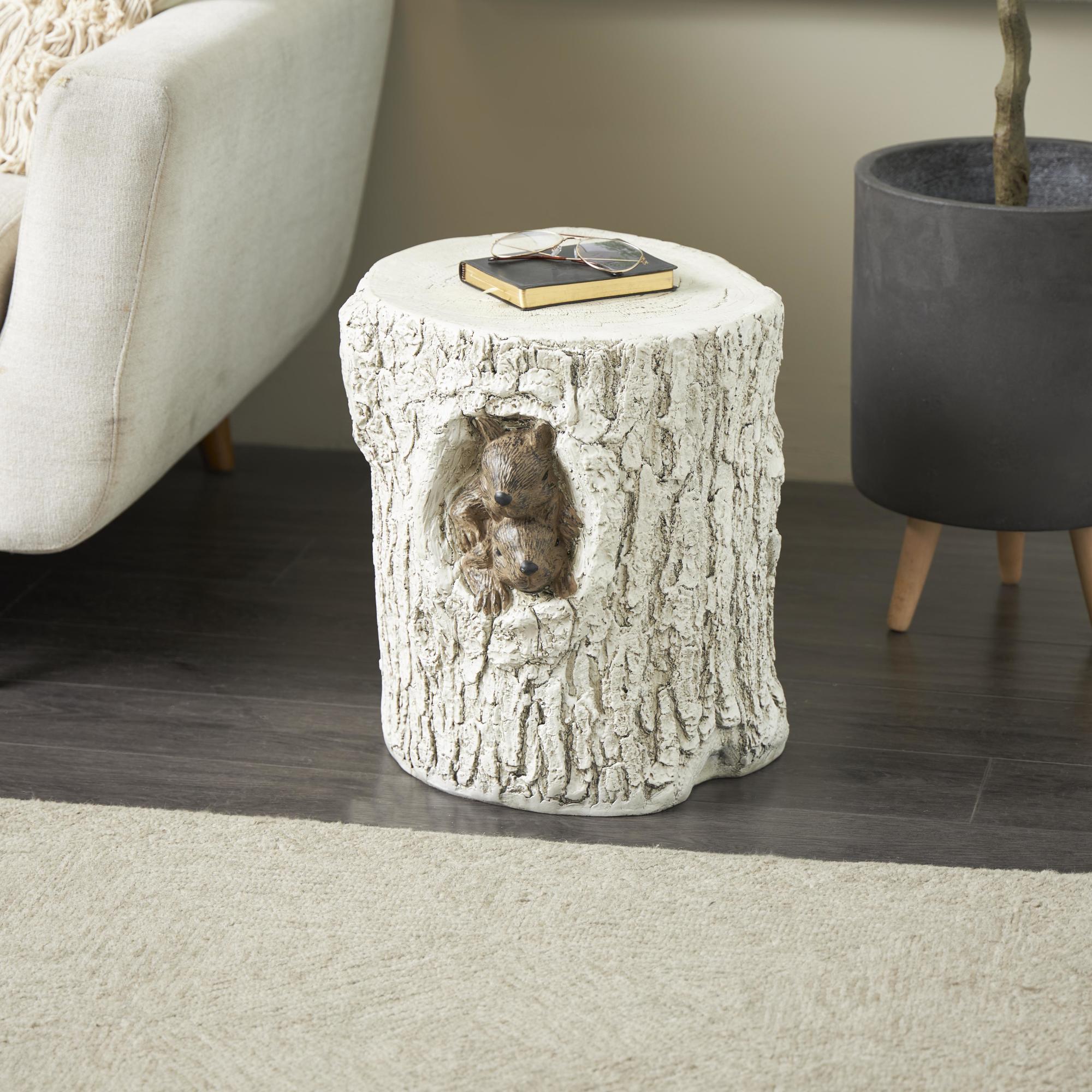Squirrel White Magnesium Oxide Tree Trunk Decorative Garden Stool with Brown Accents
