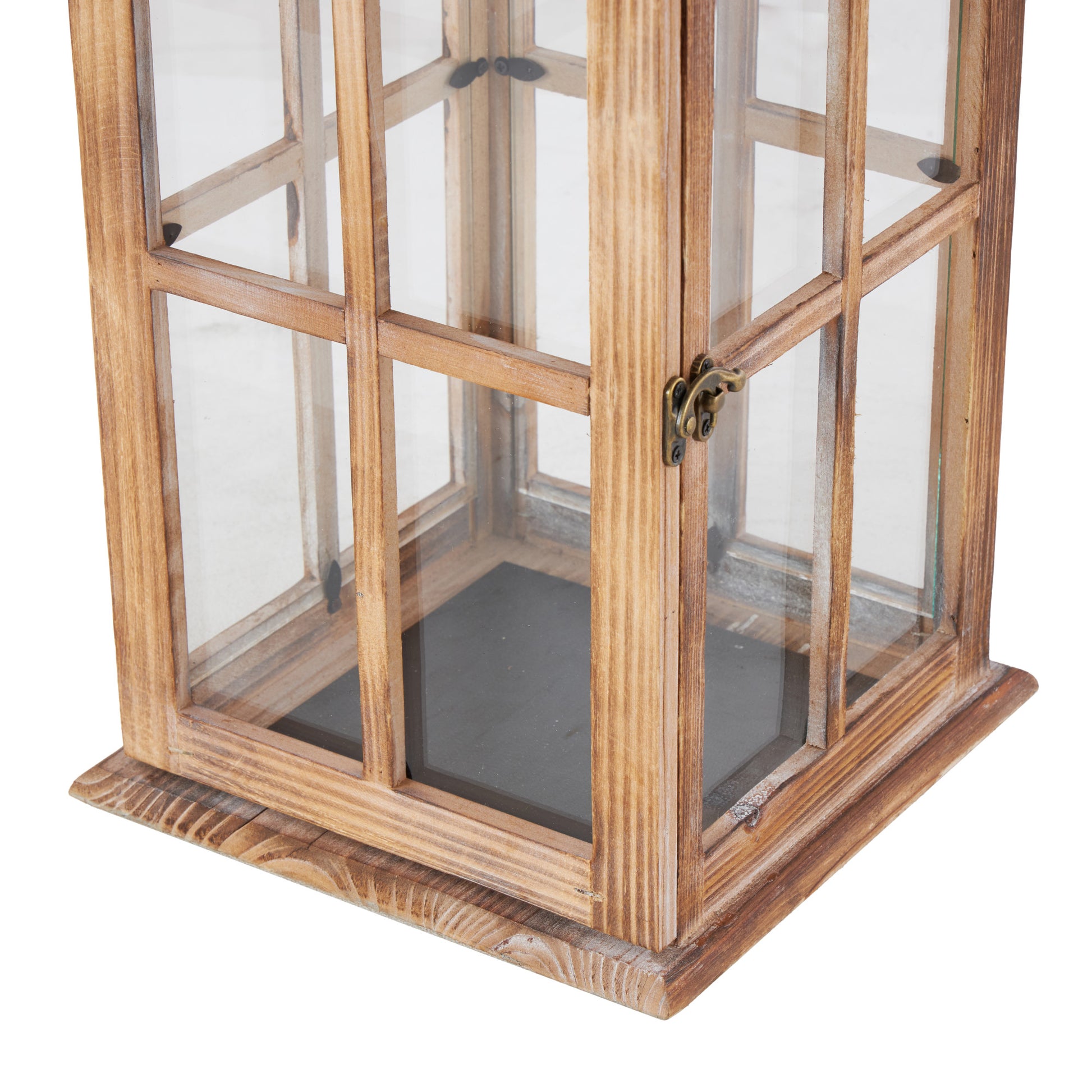 Wood Lighthouse Style Decorative Indoor Outdoor Candle Lantern with Black Ring Handle 9" x 9" x 22"