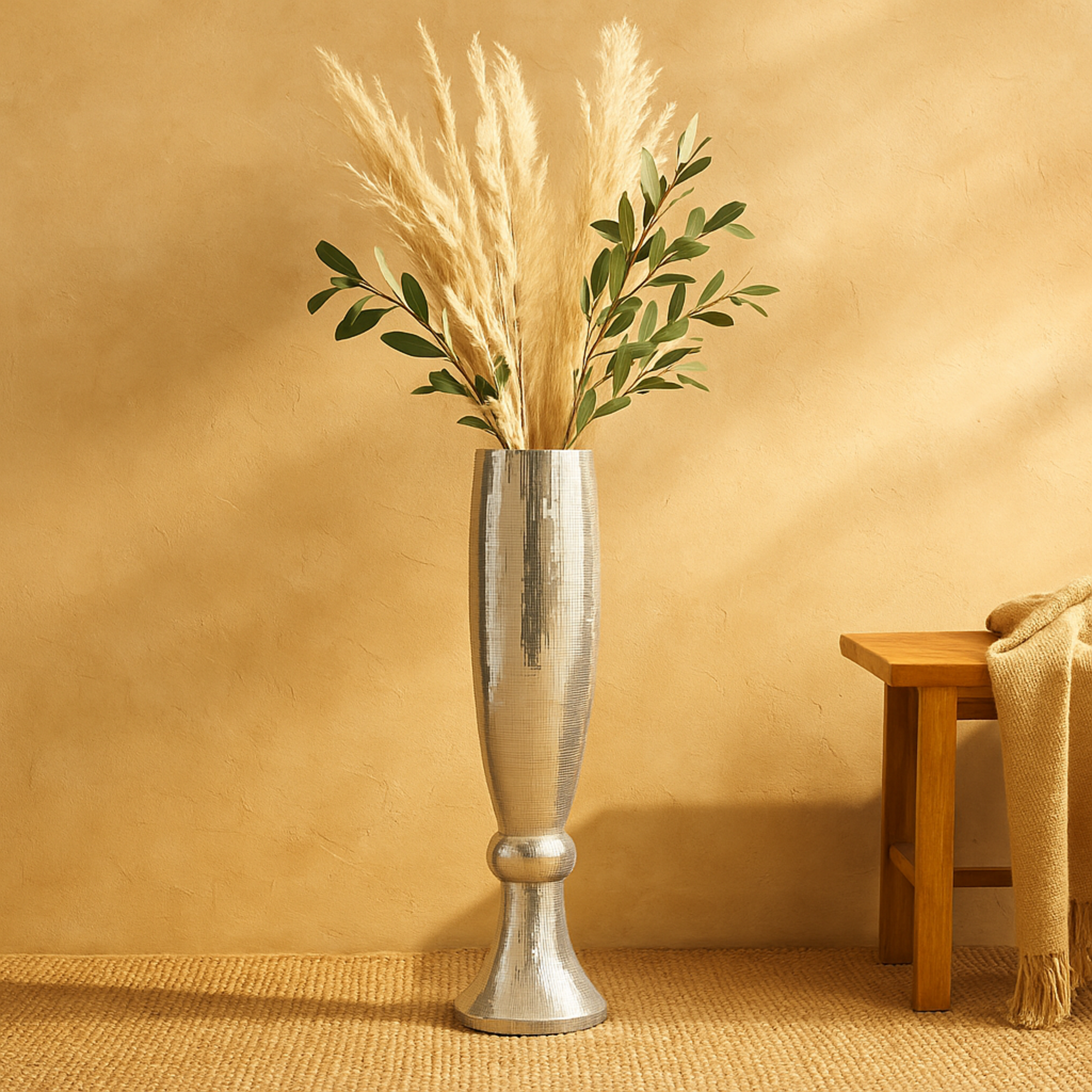 Silver Polystone Tall Champagne Flute Shape Decorative Vase with Mosaic Mirror Inlay