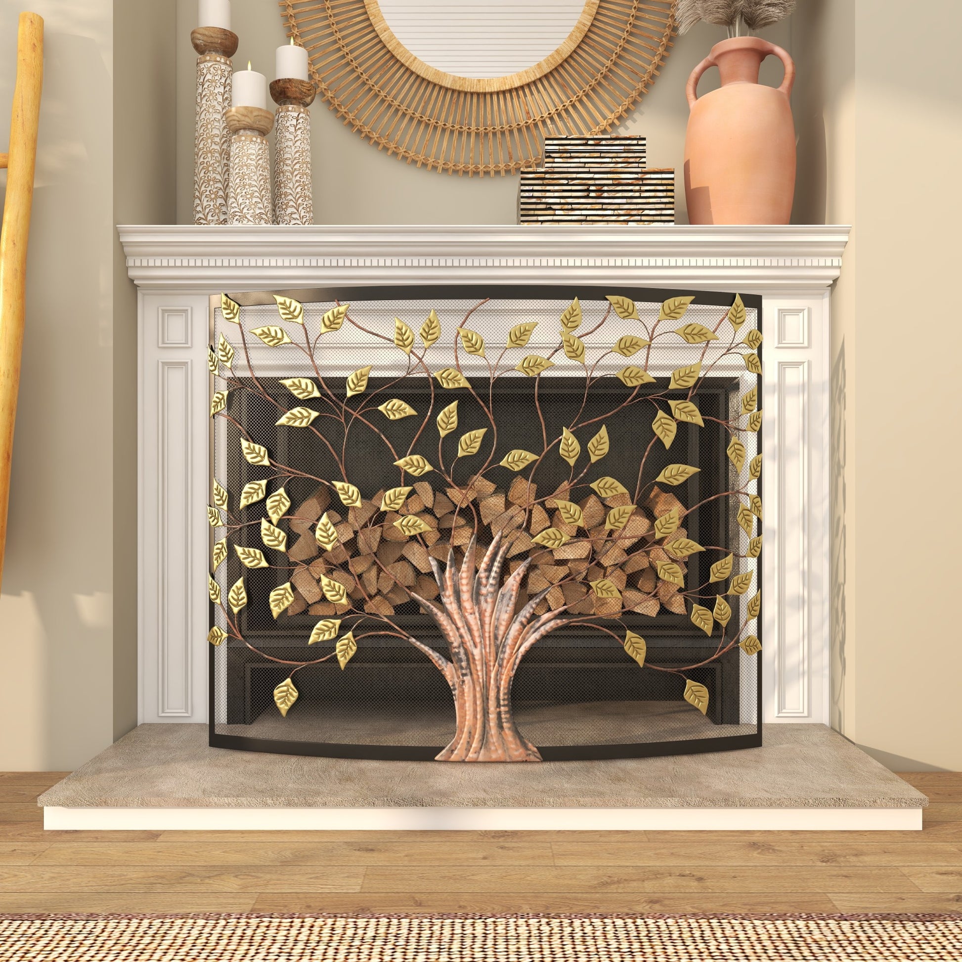 Tree Bronze Metal Sculpted Relief Single Panel Living Room Fireplace Screen with Curved Mesh Netting