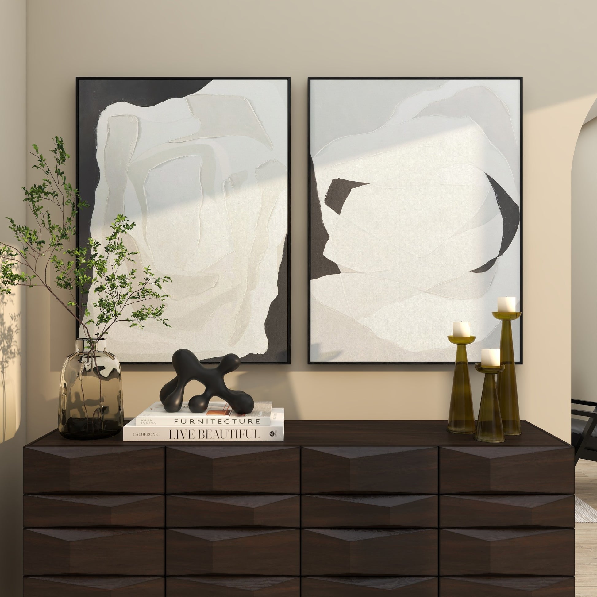 Set of 2 Abstract White Canvas Living Room Framed Wall Art with Black Frame