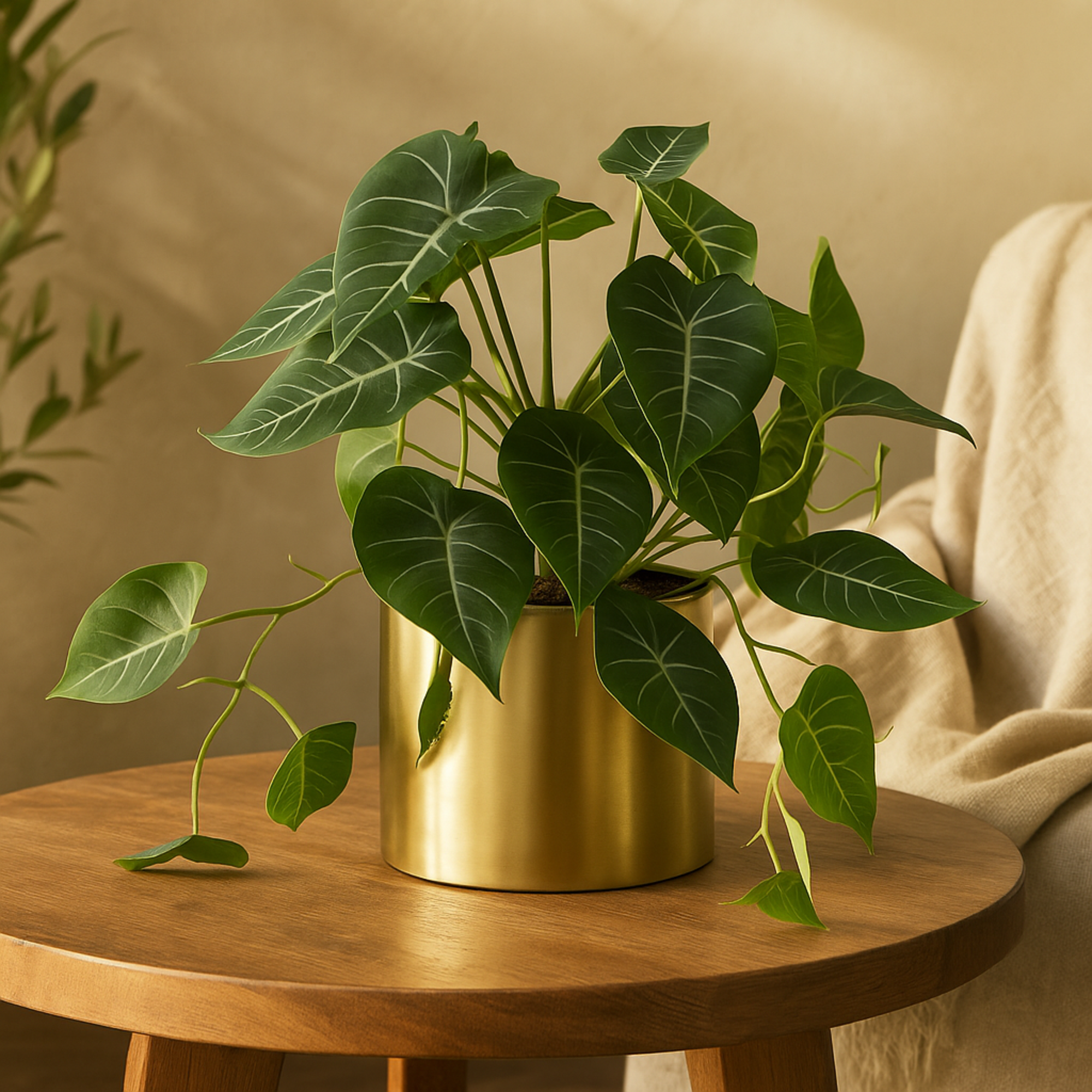 Pothos Green Faux Foliage Indoor Outdoor Artificial Plant with Realistic Leaves and Gold Porcelain Pot