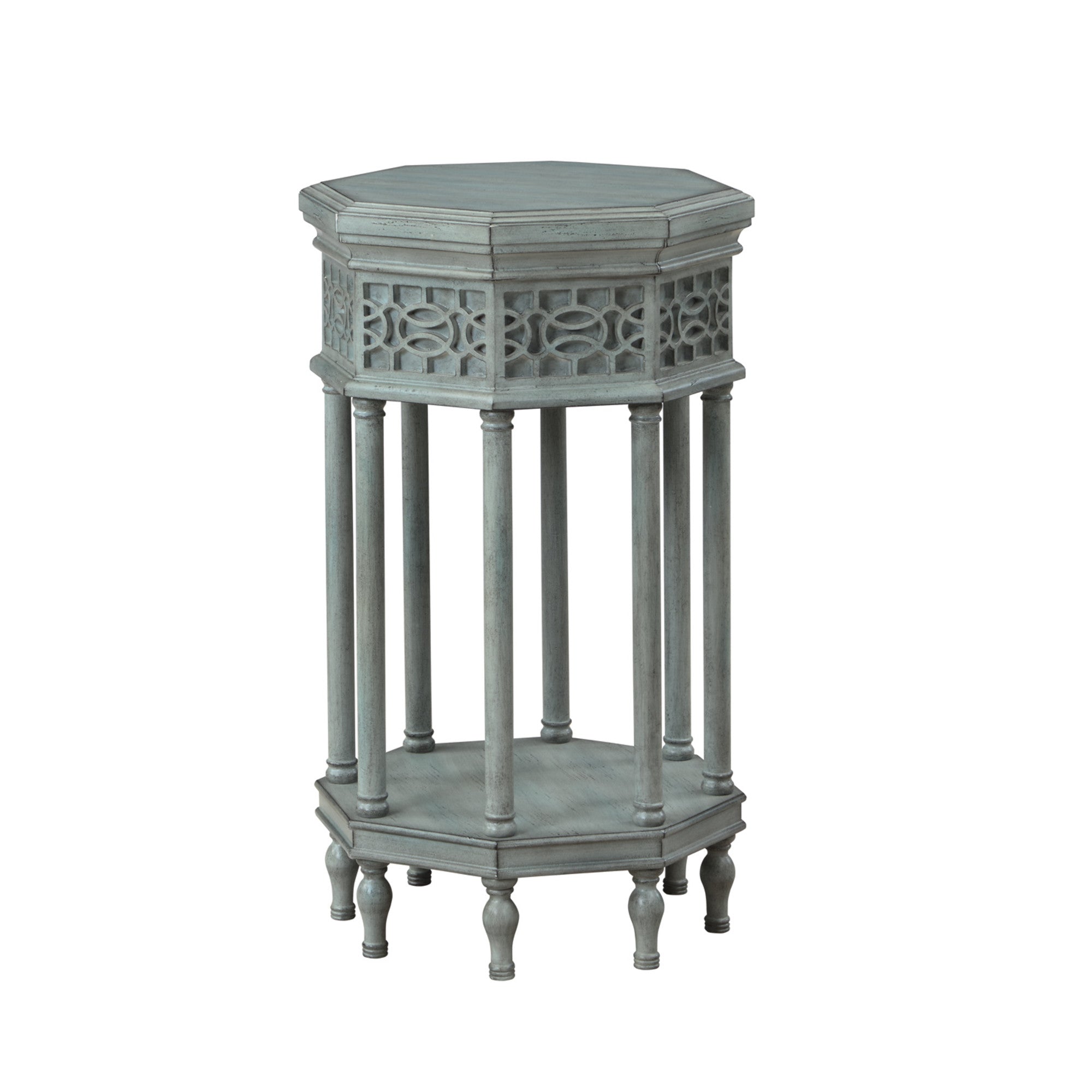Geometric Gray Wooden Octagon Side End Accent Table with Elegant Carved Pattern and 8 Turned Pillar Legs