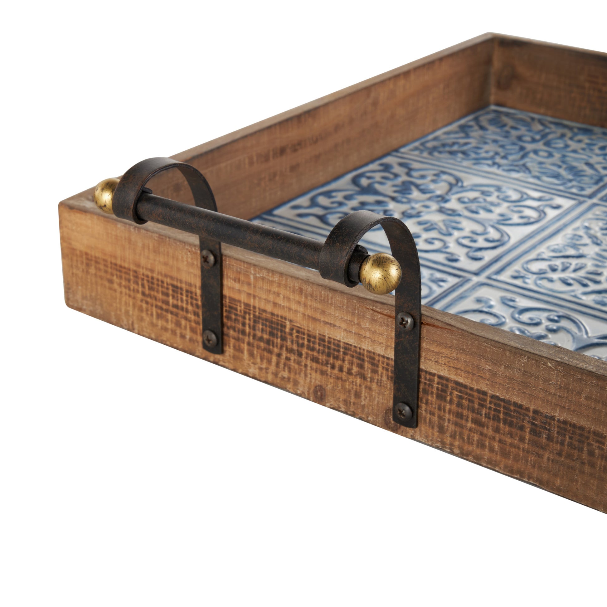 Set of 2 Floral Brown Wood Living Room Decor Tray with Tile Patterns