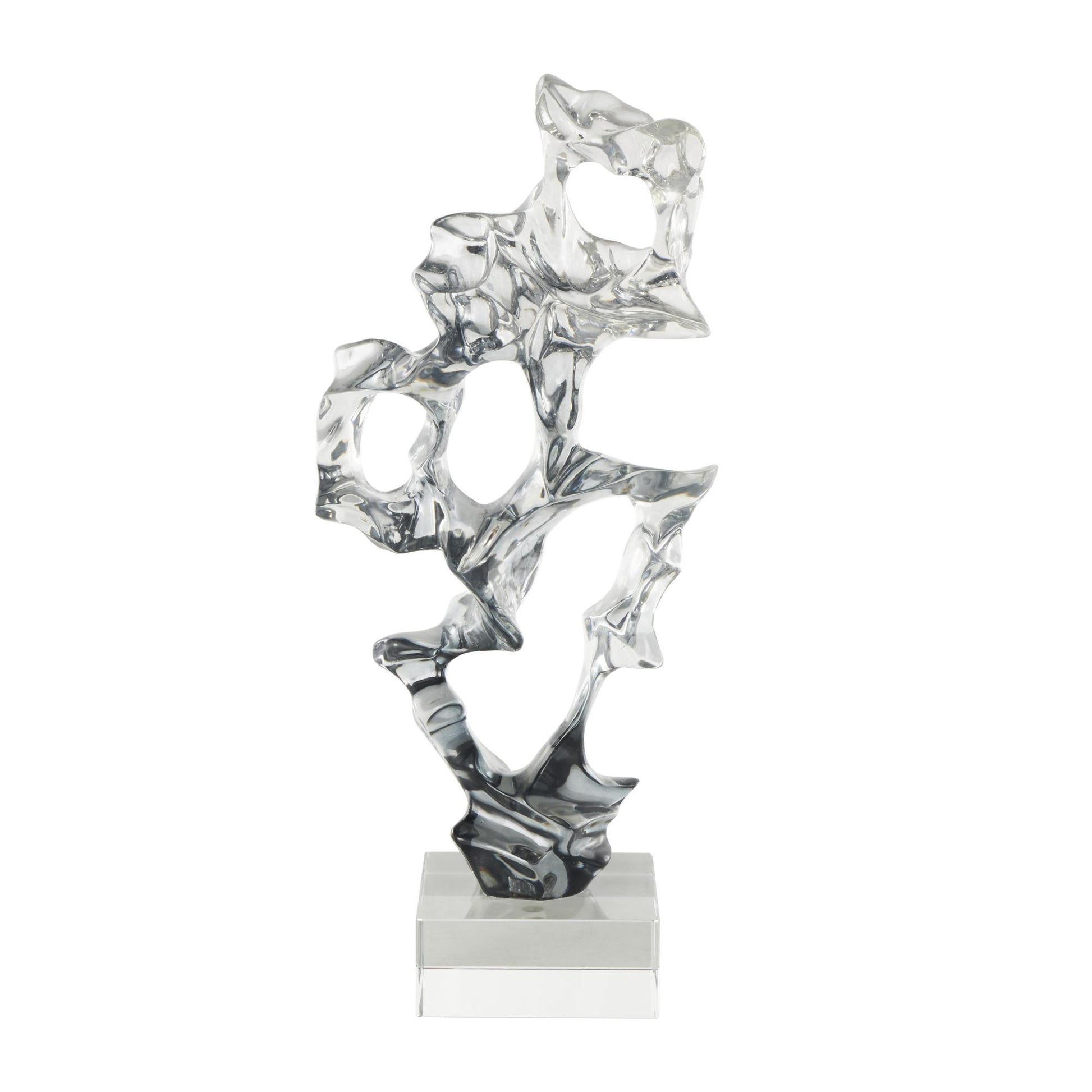 Abstract Clear Glass Handmade Freeform Decorative Sculpture with Clear Square Base