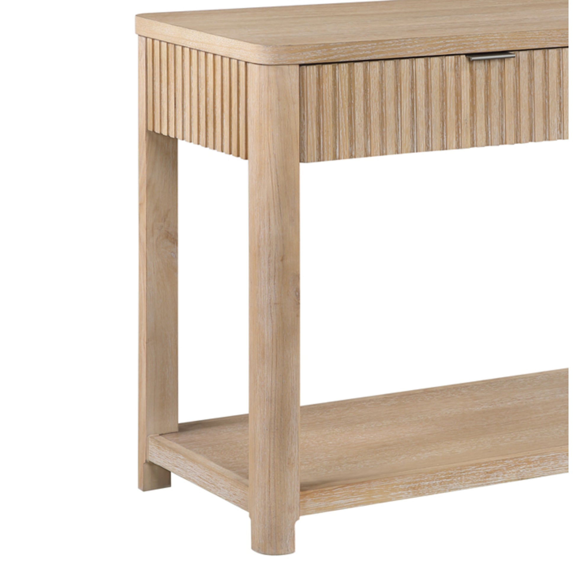 Light Brown Wooden Slatted 2 Drawer Living Room Console Table with Natural Wood Grains and Silver Handles