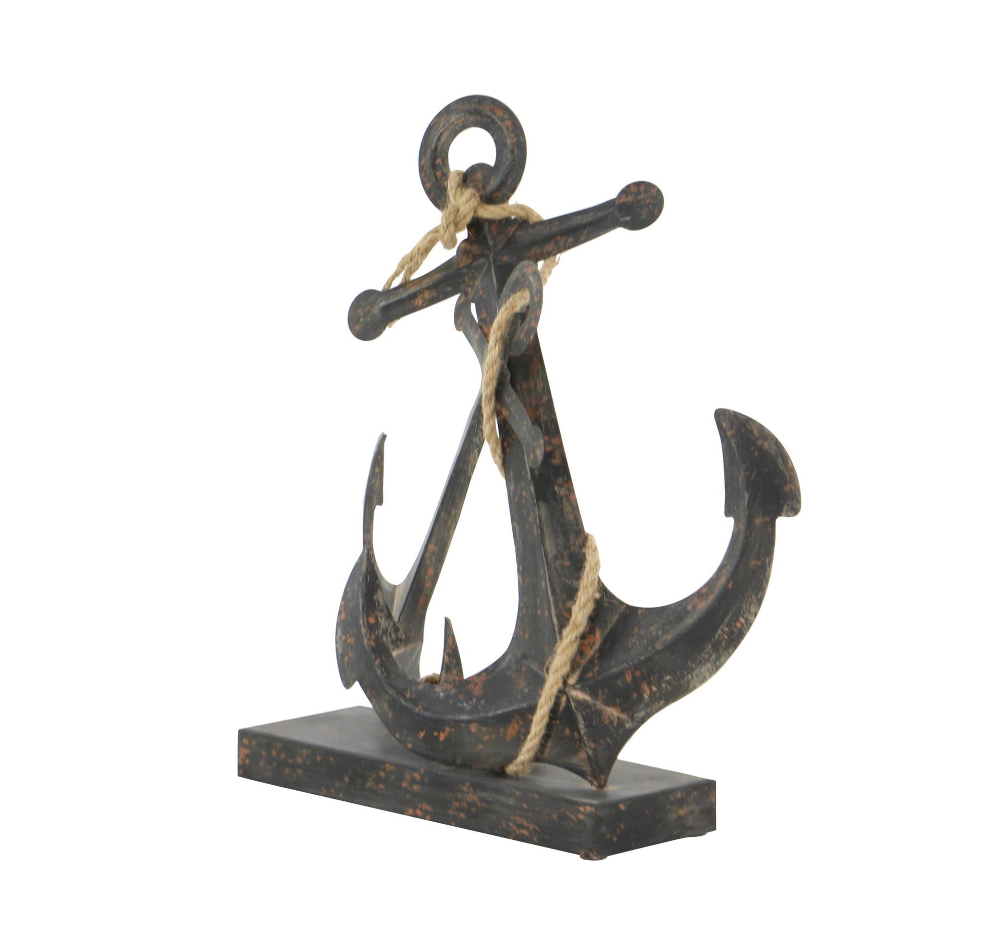 Anchor Black Metal Decorative Sculpture with Jute Rope Accents