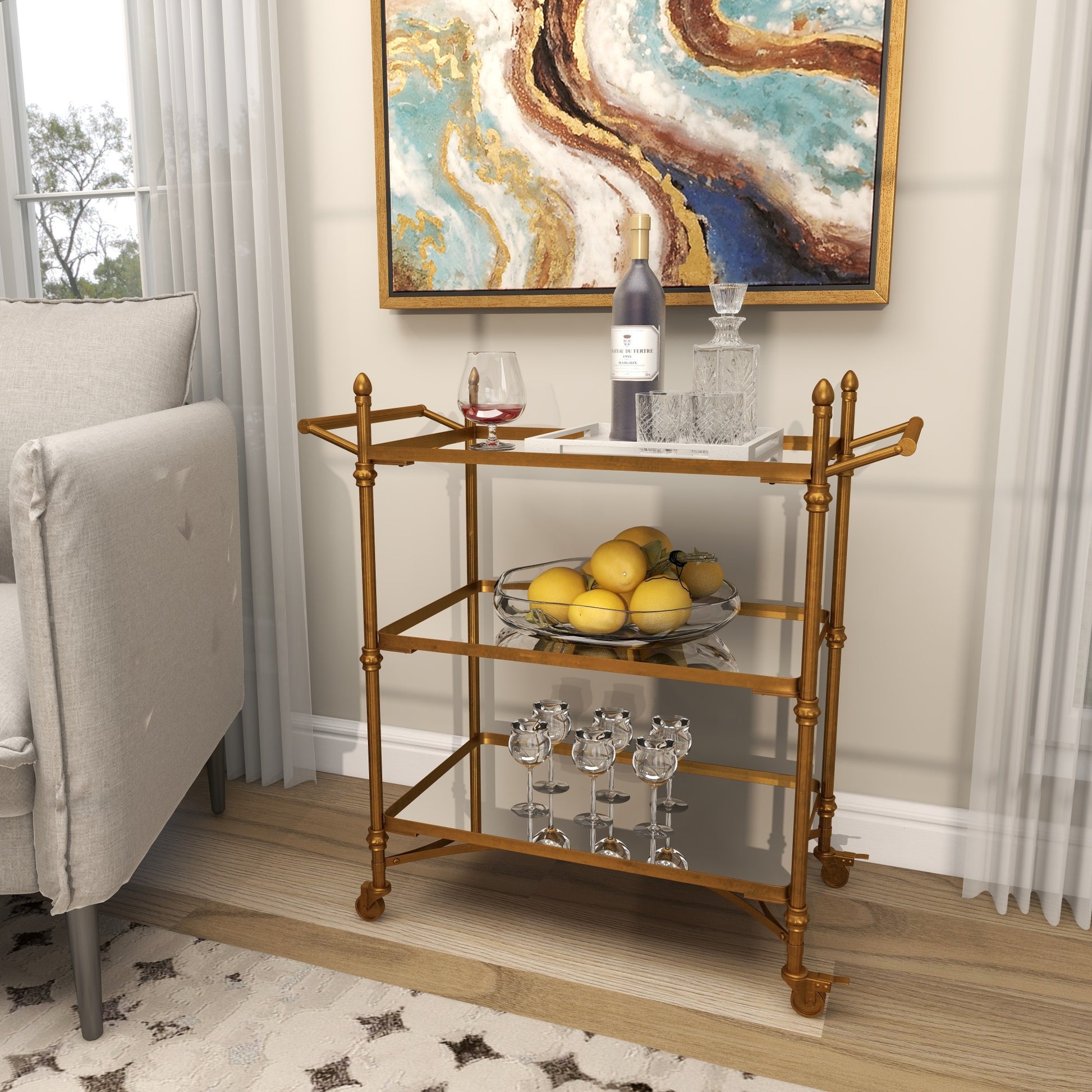 Brass Metal Rolling 3 Shelf Home Bar Cart with Handles