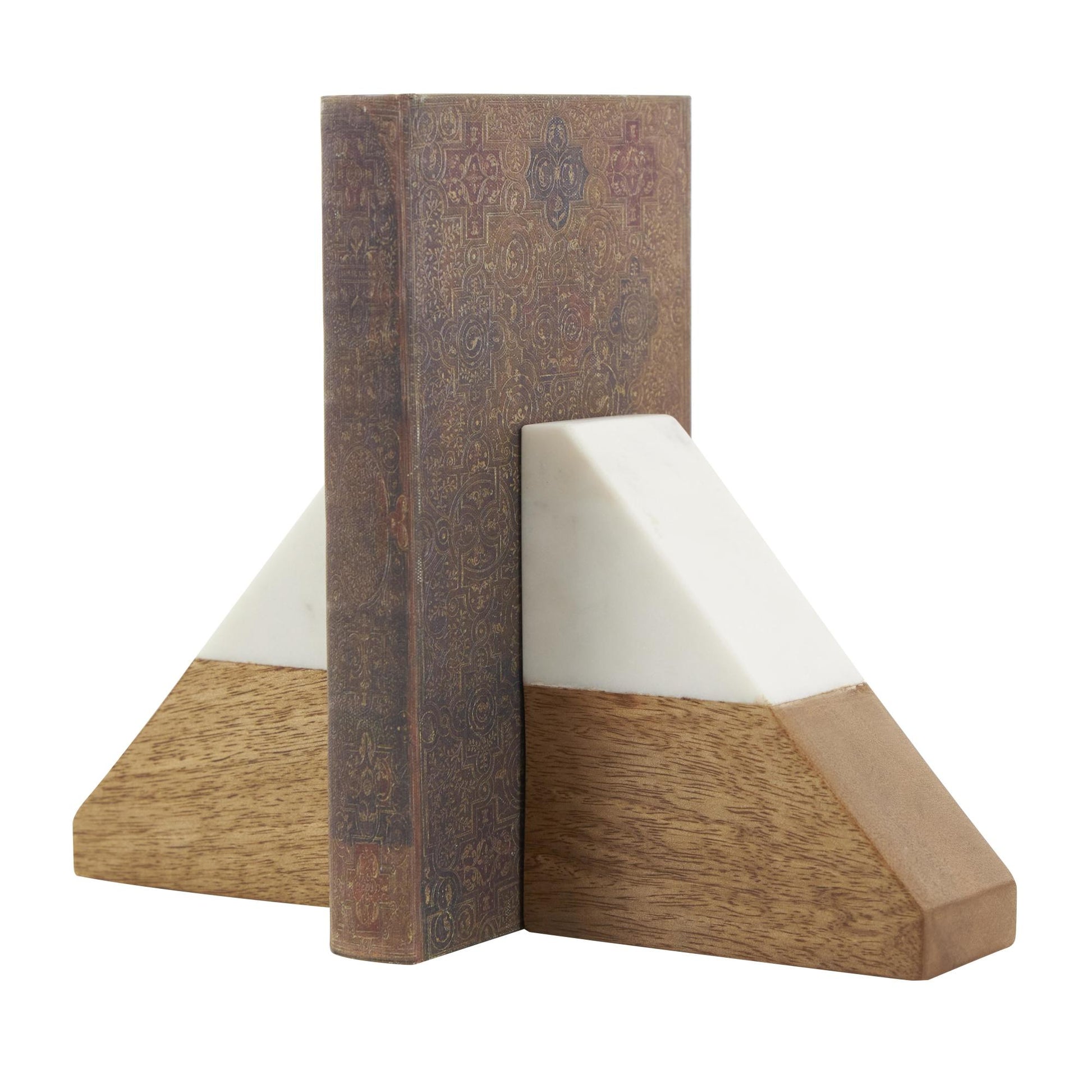 Set of 2 Geometric Brown Mango Wood Triangle 3 lbs Decorative Bookends with White Marble Tops