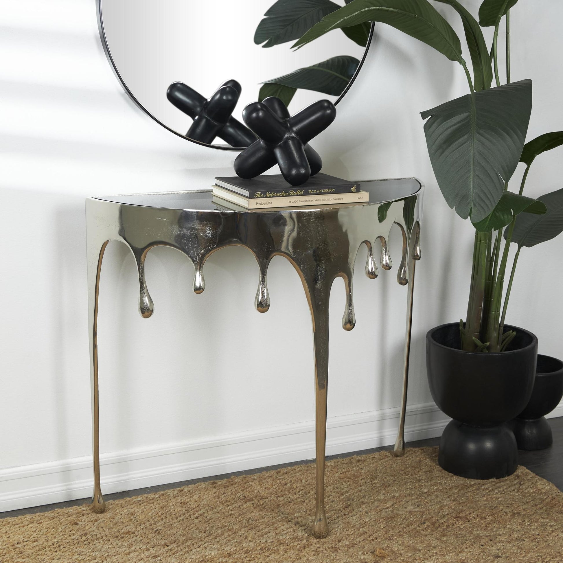 Abstract Aluminum Metal Crescent Drip Living Room Console Table with Melting Design Legs and Glass Top