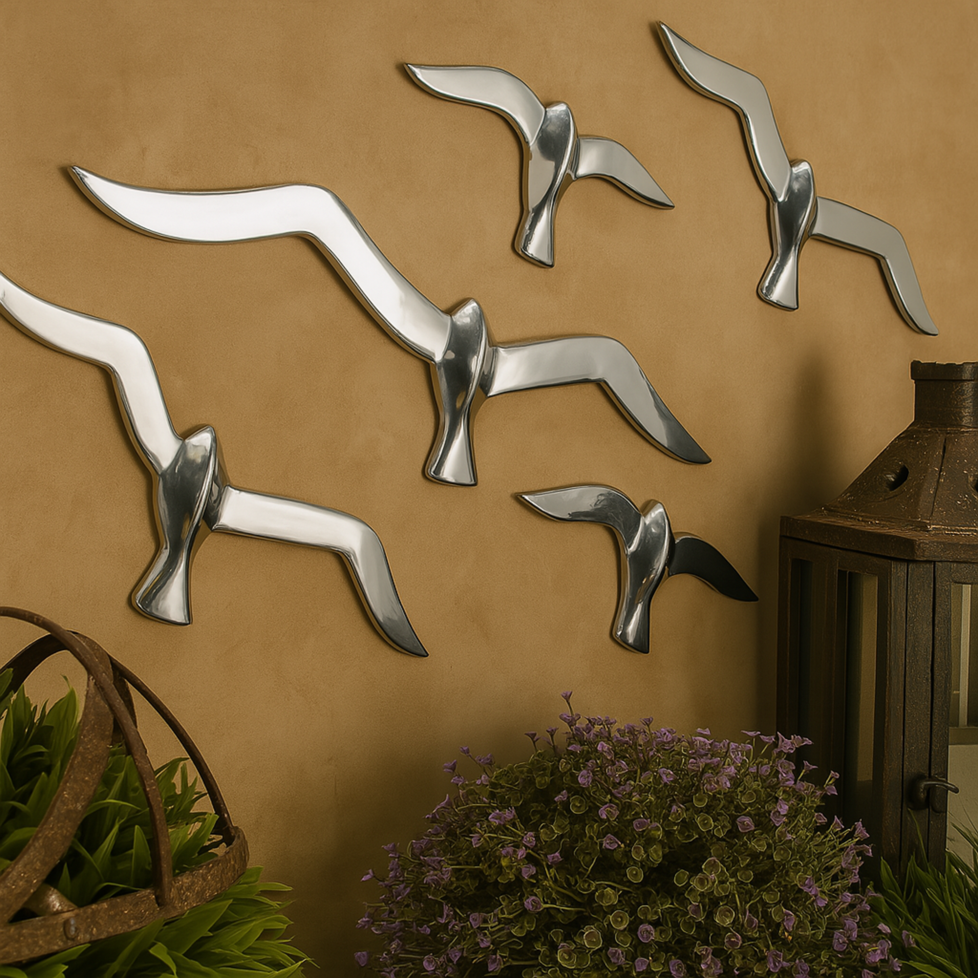 Set of 7 Bird Silver Aluminum Metal Floating Flock of Home Wall Decor