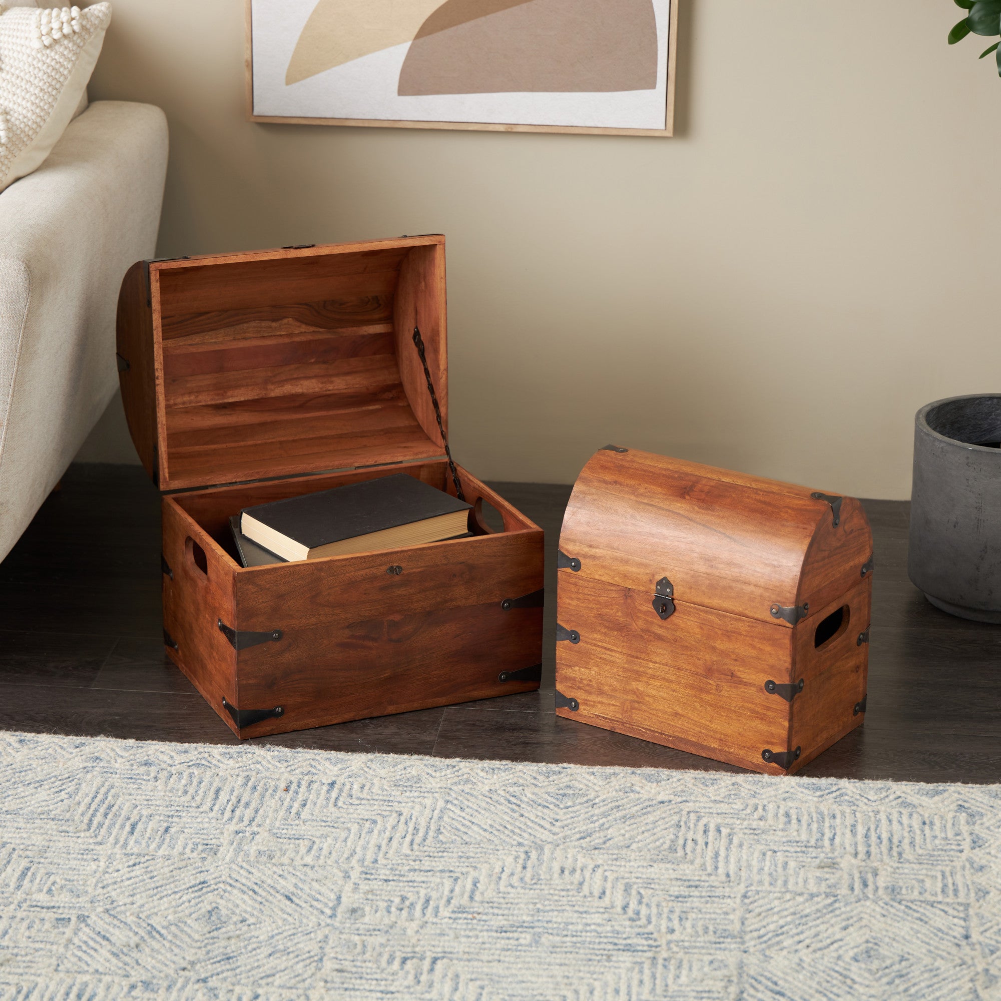 Set of 2 Brown Wood Handmade Arched Storage Chest Decorative Box with Black Metal Hardware
