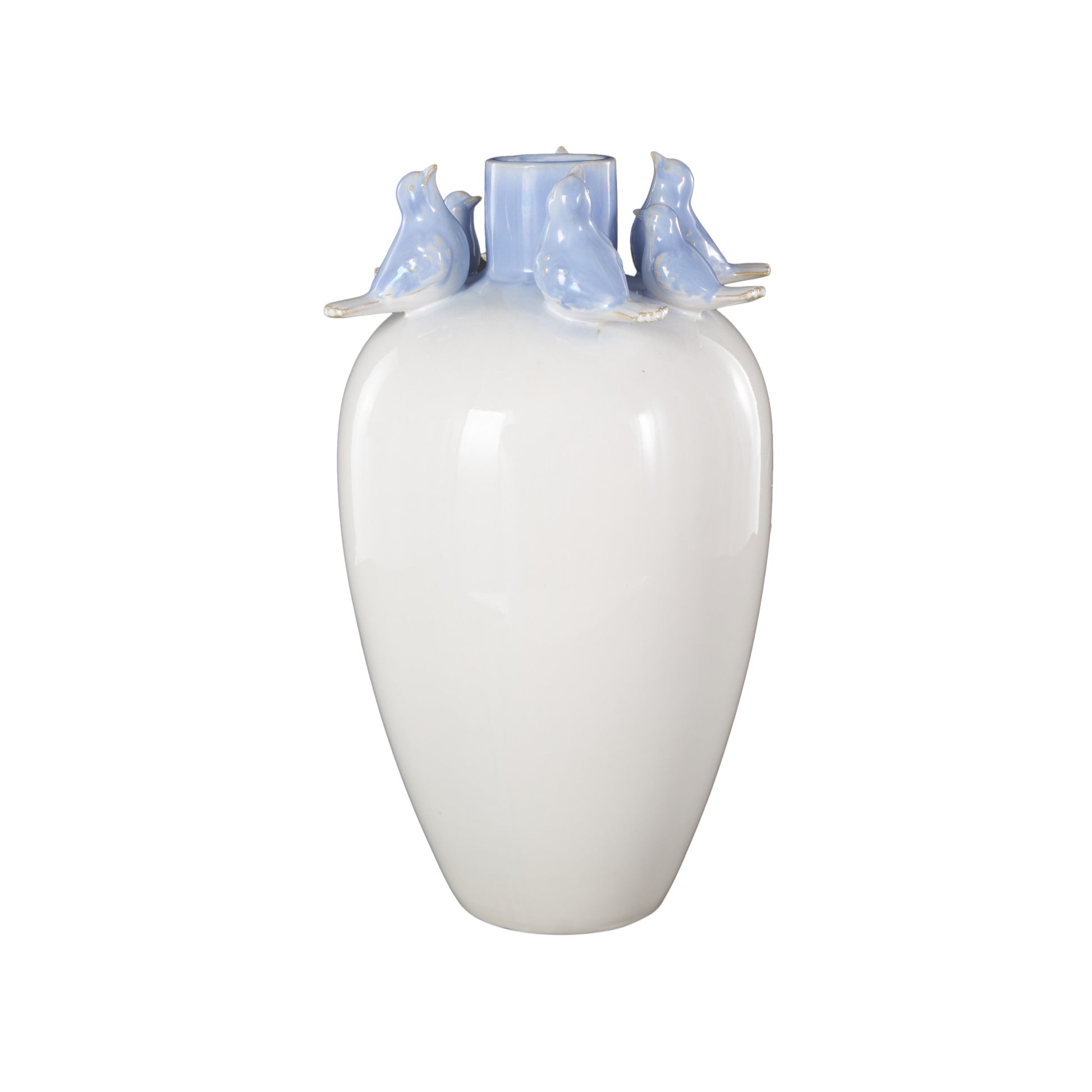 Bird White Ceramic Decorative Vase with Blue Accents