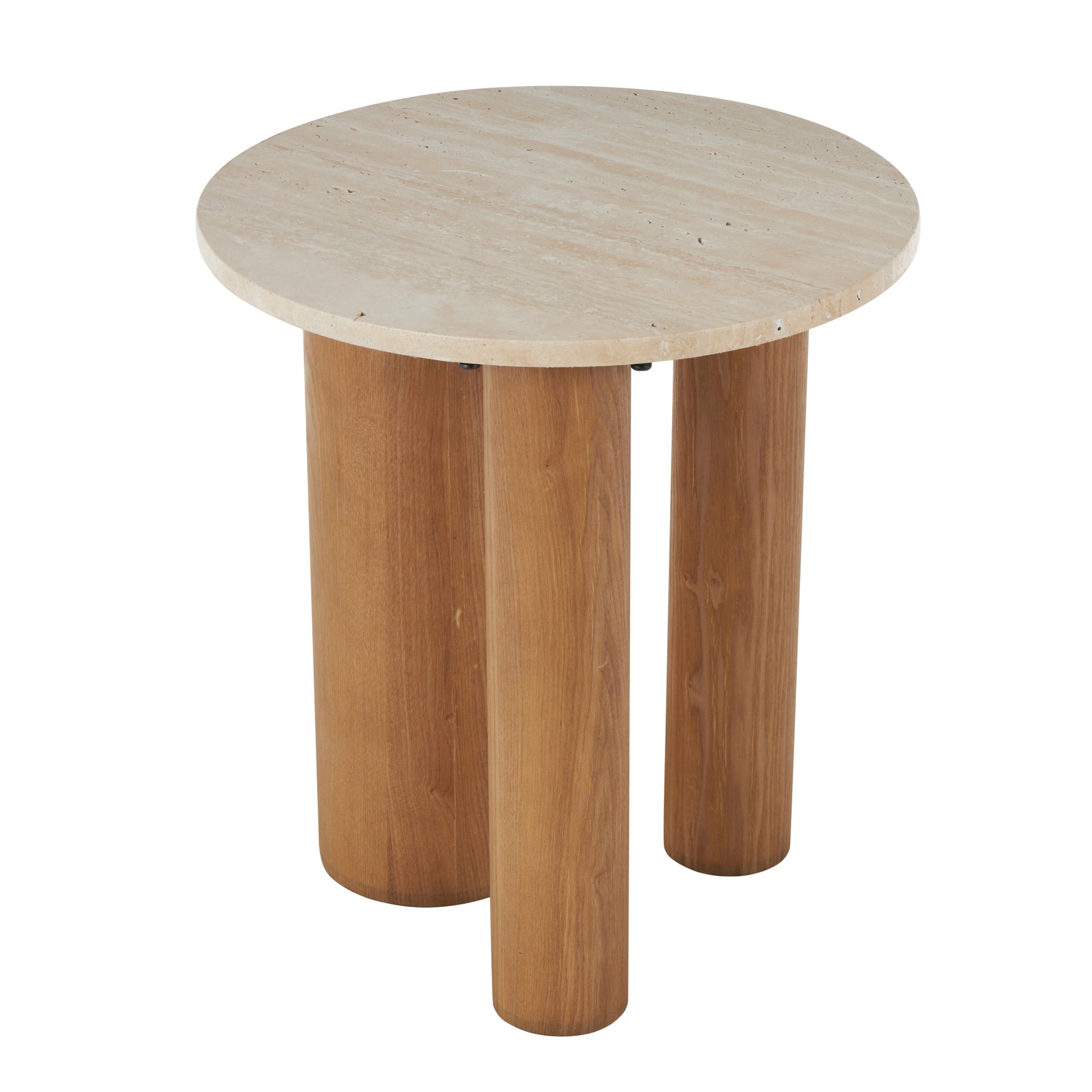 Brown Wood Side End Accent Table with Beige Round Marble Tabletop