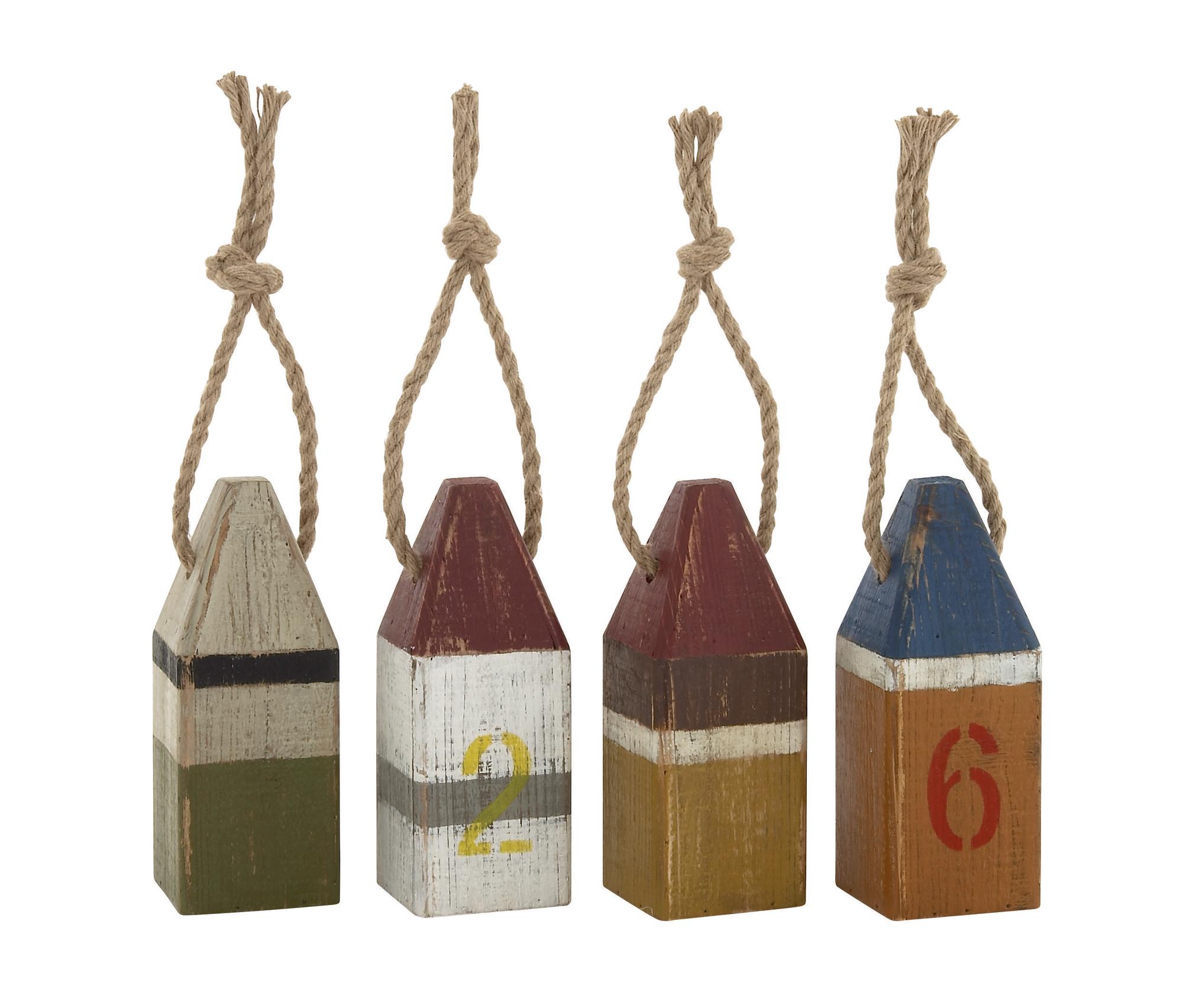 Set of 4 Buoy Multi Colored Wood Decorative Sculpture with Rope Accents
