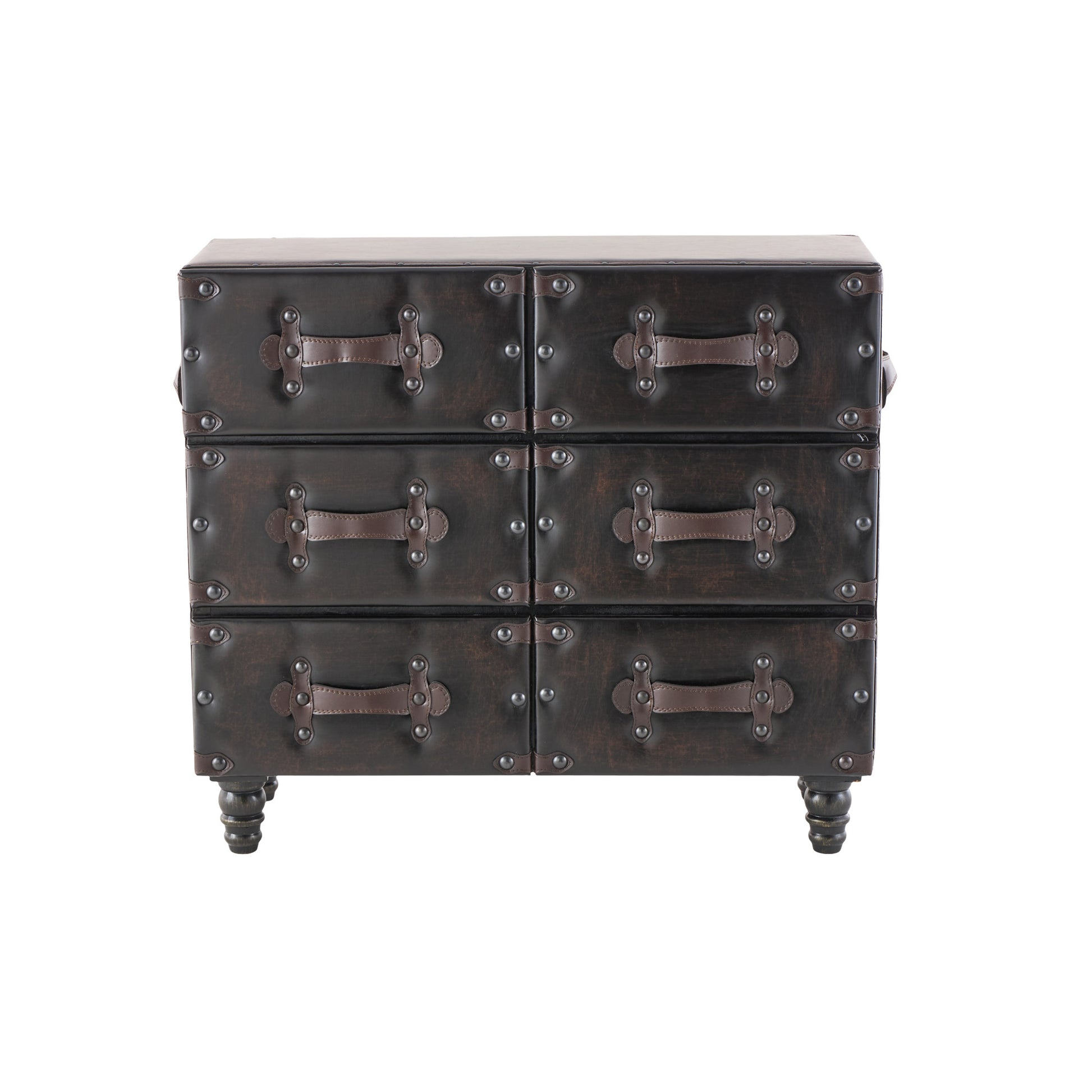 Black Wood Vintage Faux Leather Room Chest with Rivets and Straps Detailing