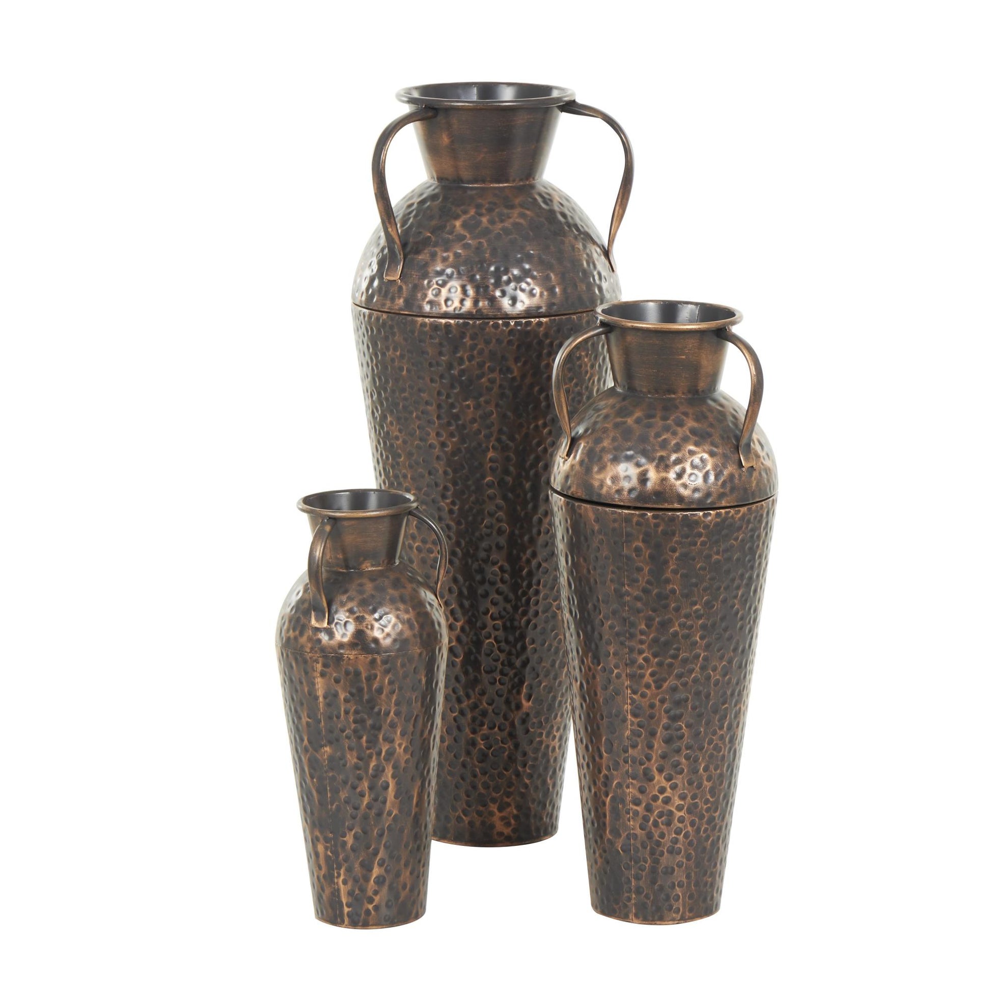 Set of 3 Copper Metal Tall Floor Weathered Amphora Decorative Vase with Hammered Details and Handles