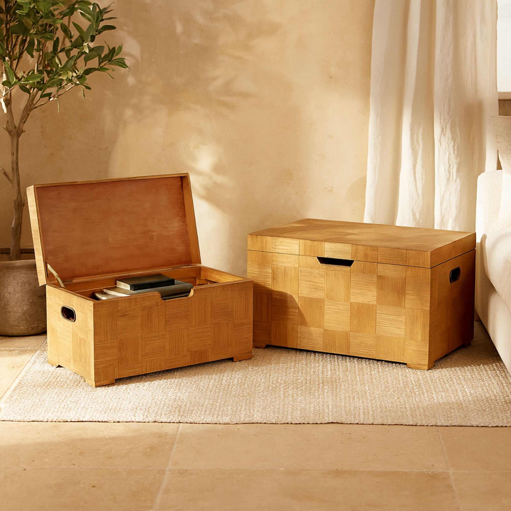 Set of 2 Brown Wood Handmade Decorative Trunk with Black Metal Accents and Square Patterns