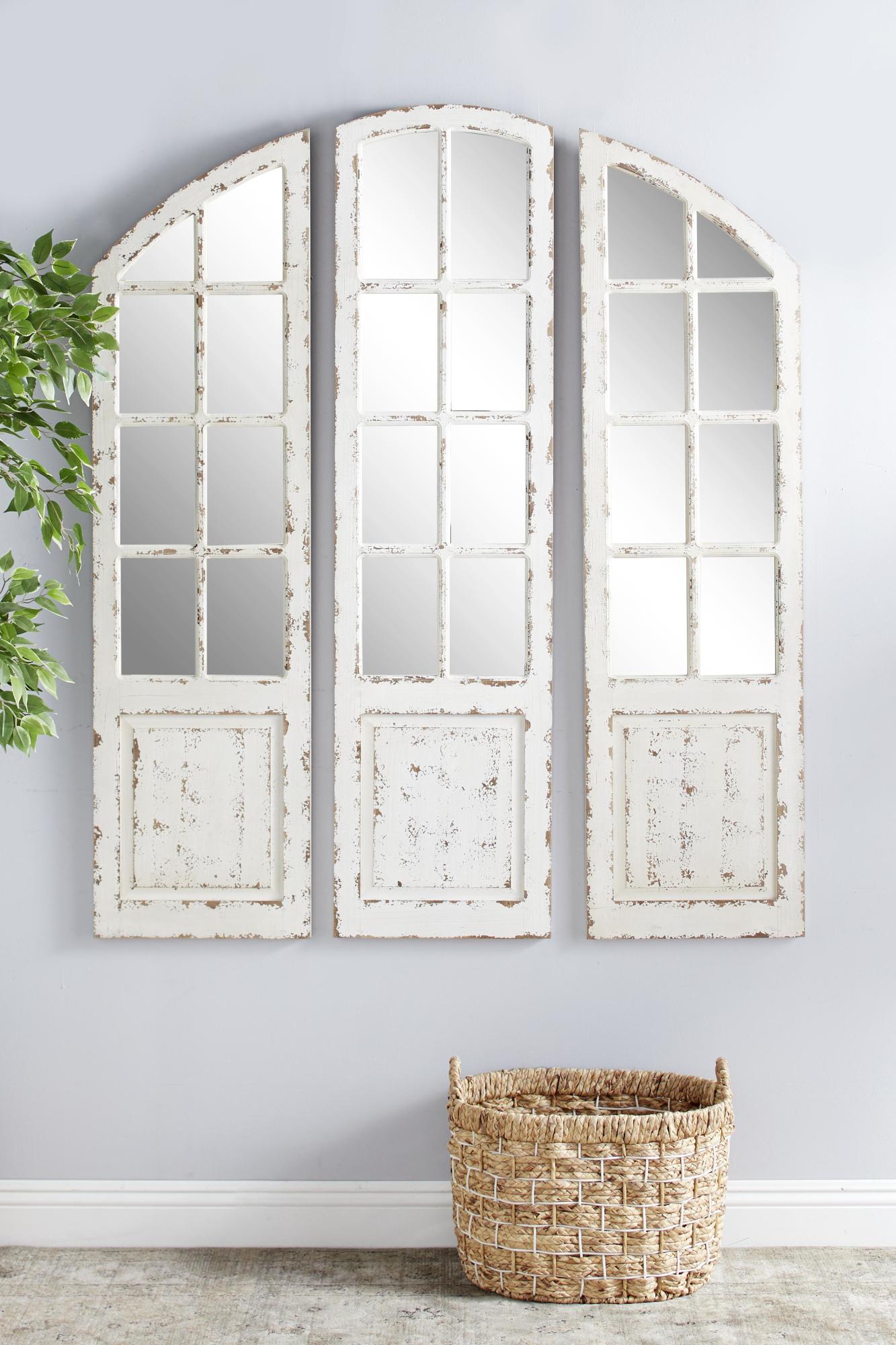 Set of 3 White Wood Window Pane Inspired Room Wall Mirror with Arched Top and Distressing