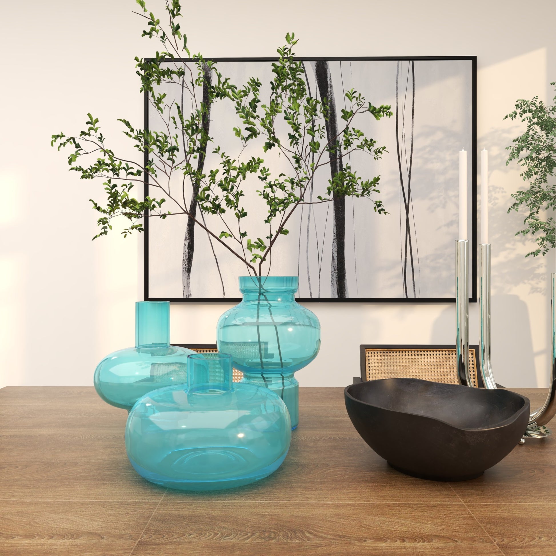 Set of 3 Glass Round Decorative Vase with Varying Shapes and Sizes