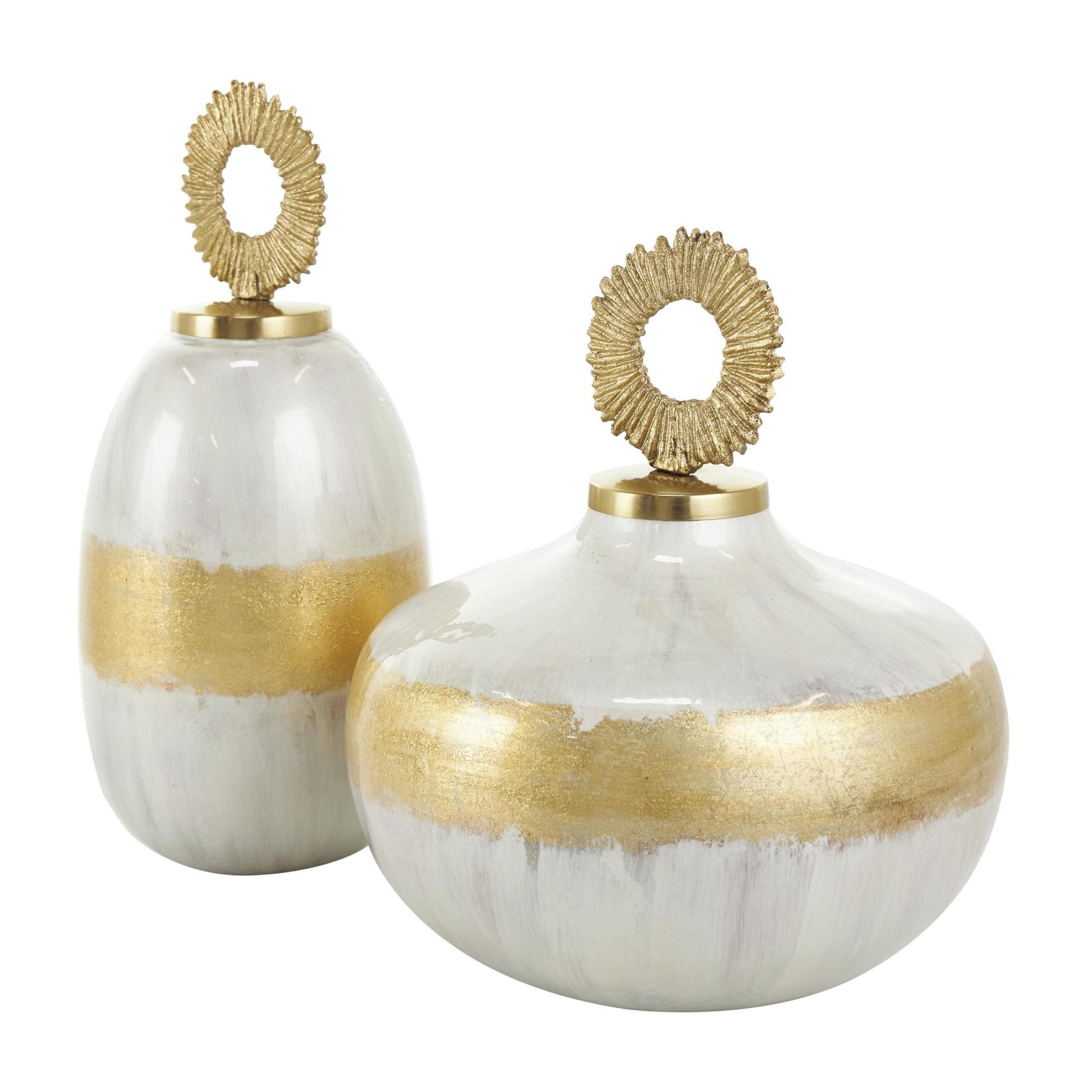 Set of 2 Metal Abstract Brushed Living Room Decorative Jars with Gold Ring Handles Set of 2 11", 13"H